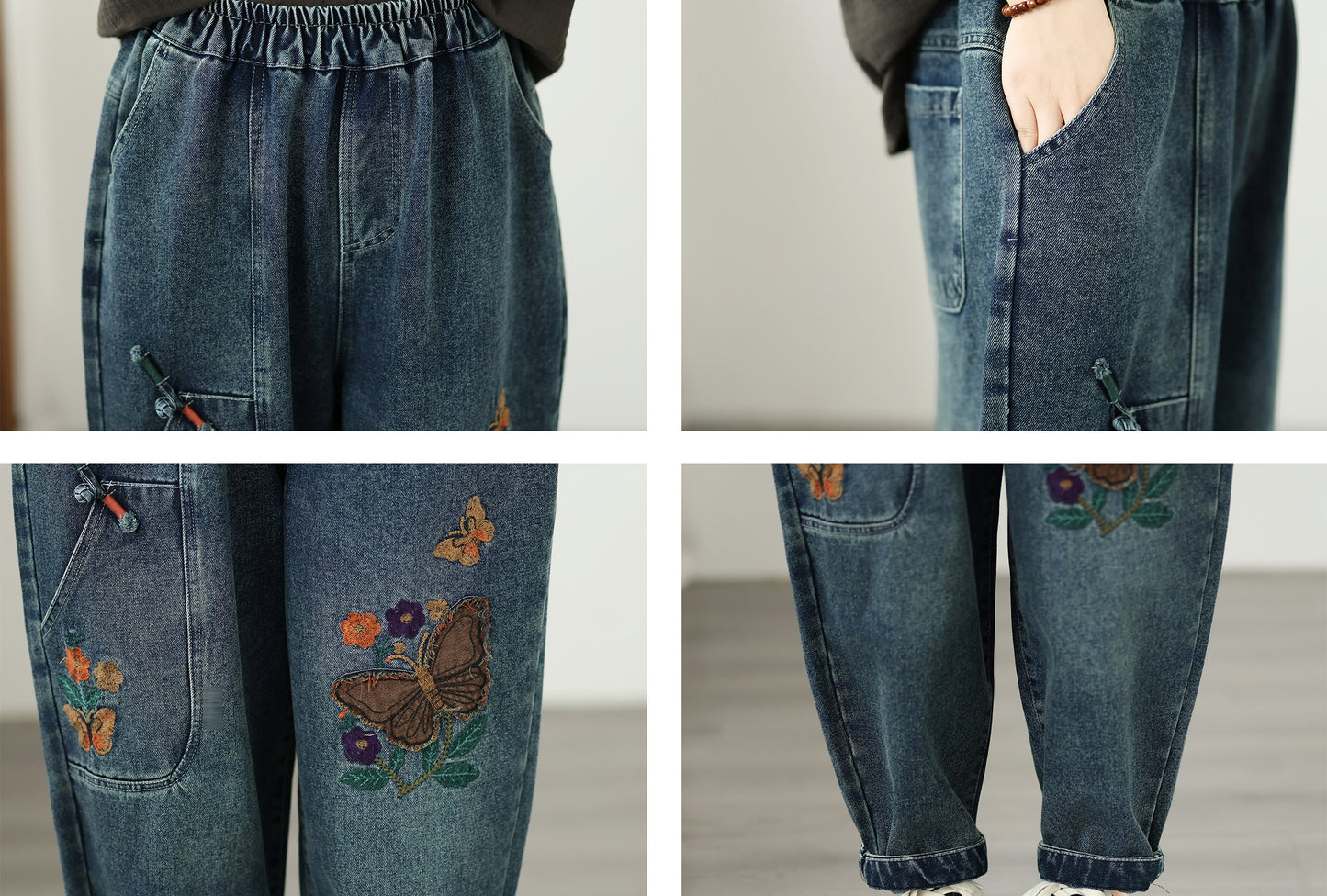 Vintage Embroidered Denim Harem Pants with Elastic Waist - LAI MENG FIVE CATS