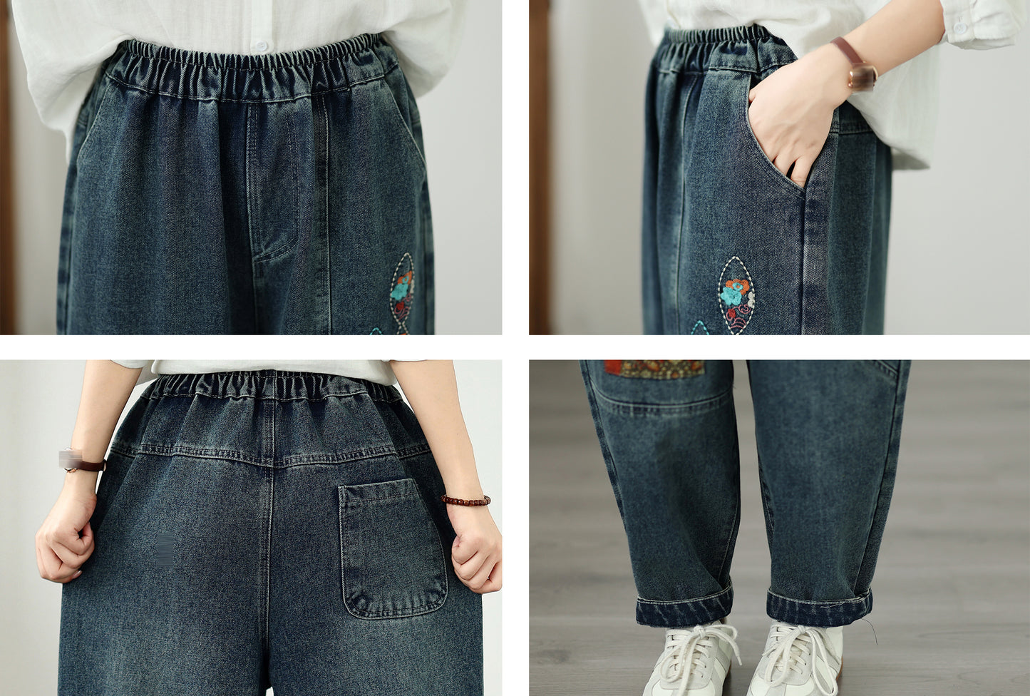 Vintage Embroidered Denim Harem Pants Ethnic Loose Fit Boyfriend Jeans - LAI MENG FIVE CATS