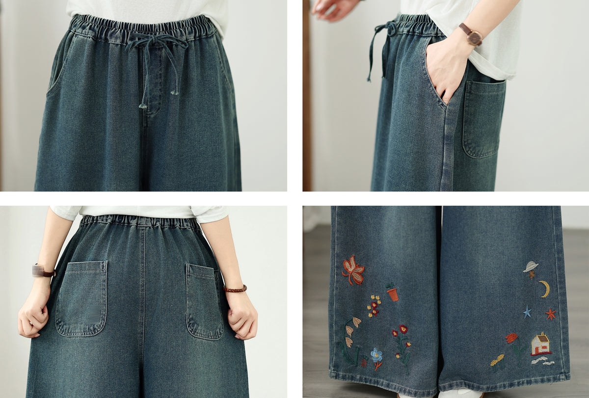 Vintage Embroidered Wide-Leg Jeans with Elastic Waist