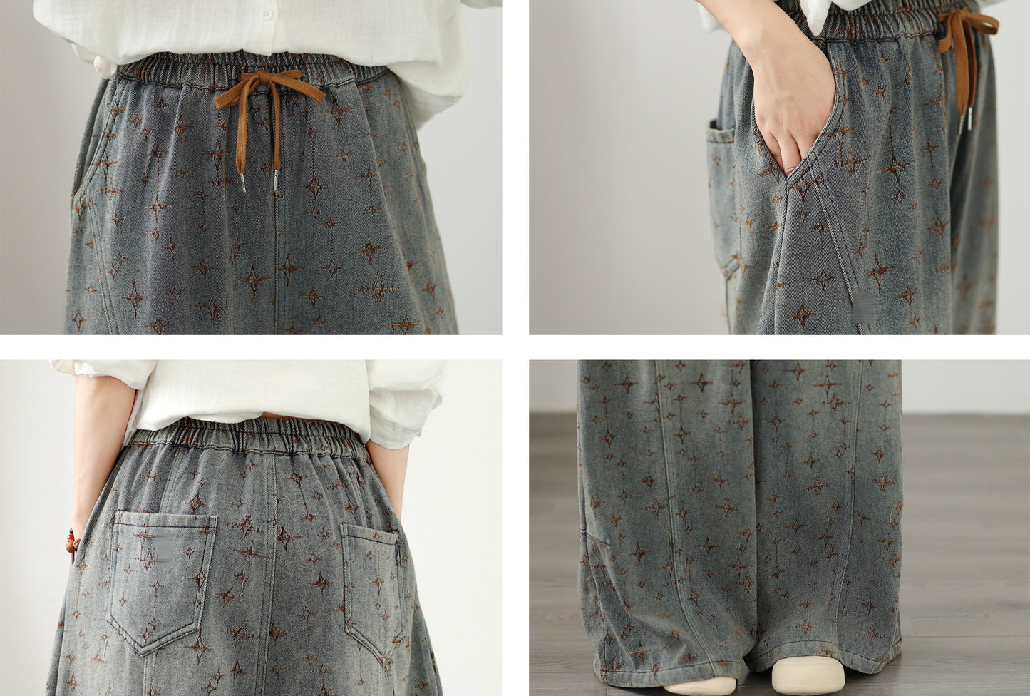 Effortless Chic: Star Pattern Wide-Leg Baggy Jeans - LAI MENG FIVE CATS