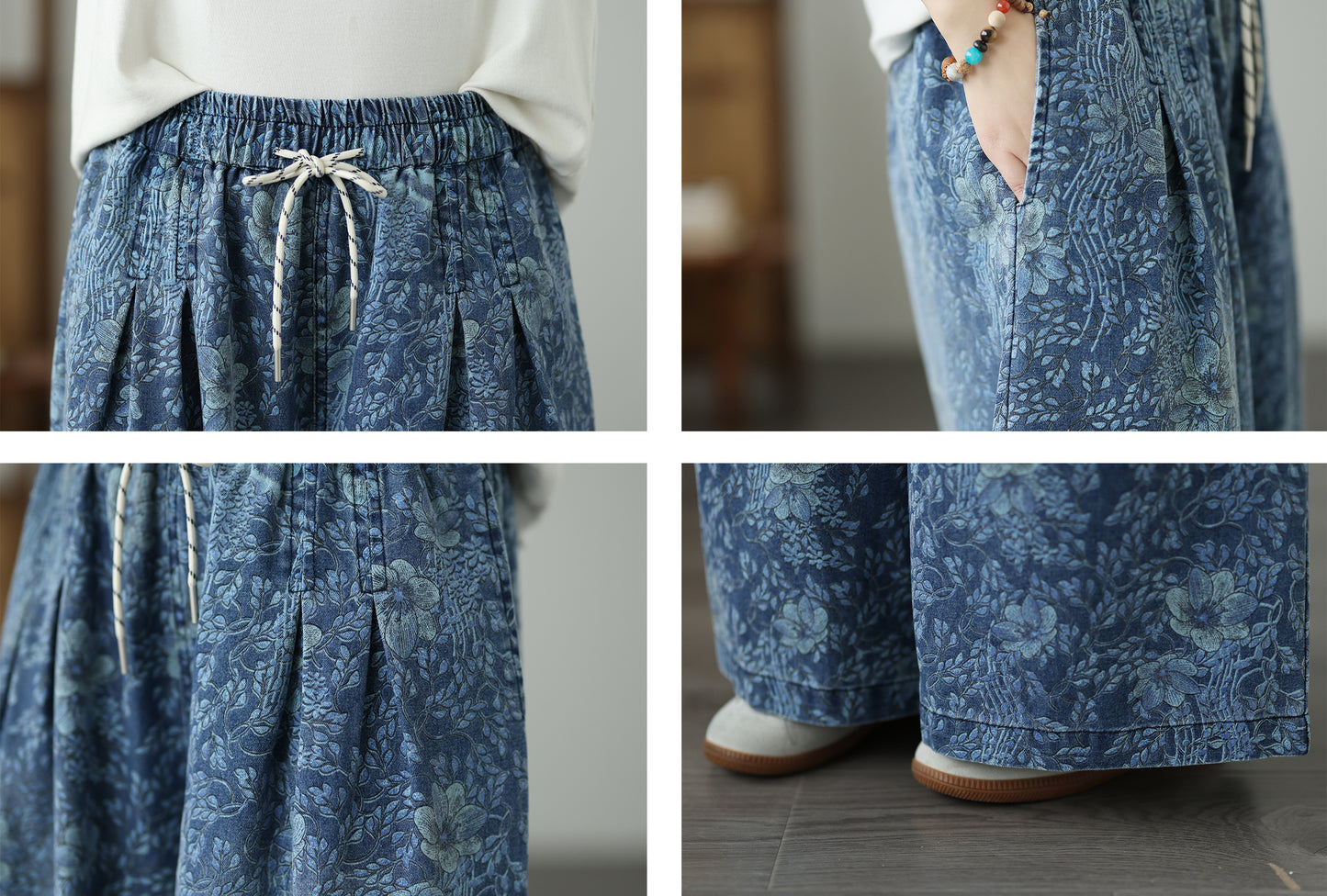 Women's Wide Leg Jeans Baggy Floral Wasited Elastic Pants - LAI MENG FIVE CATS
