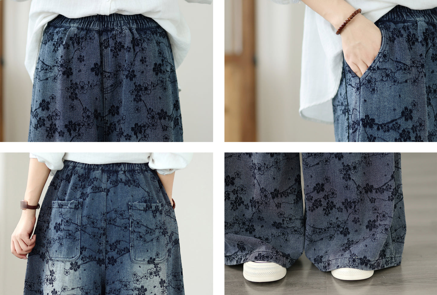Vintage Floral Print Denim Wide-Leg Pants Wide-Leg Jeans - LAI MENG FIVE CATS