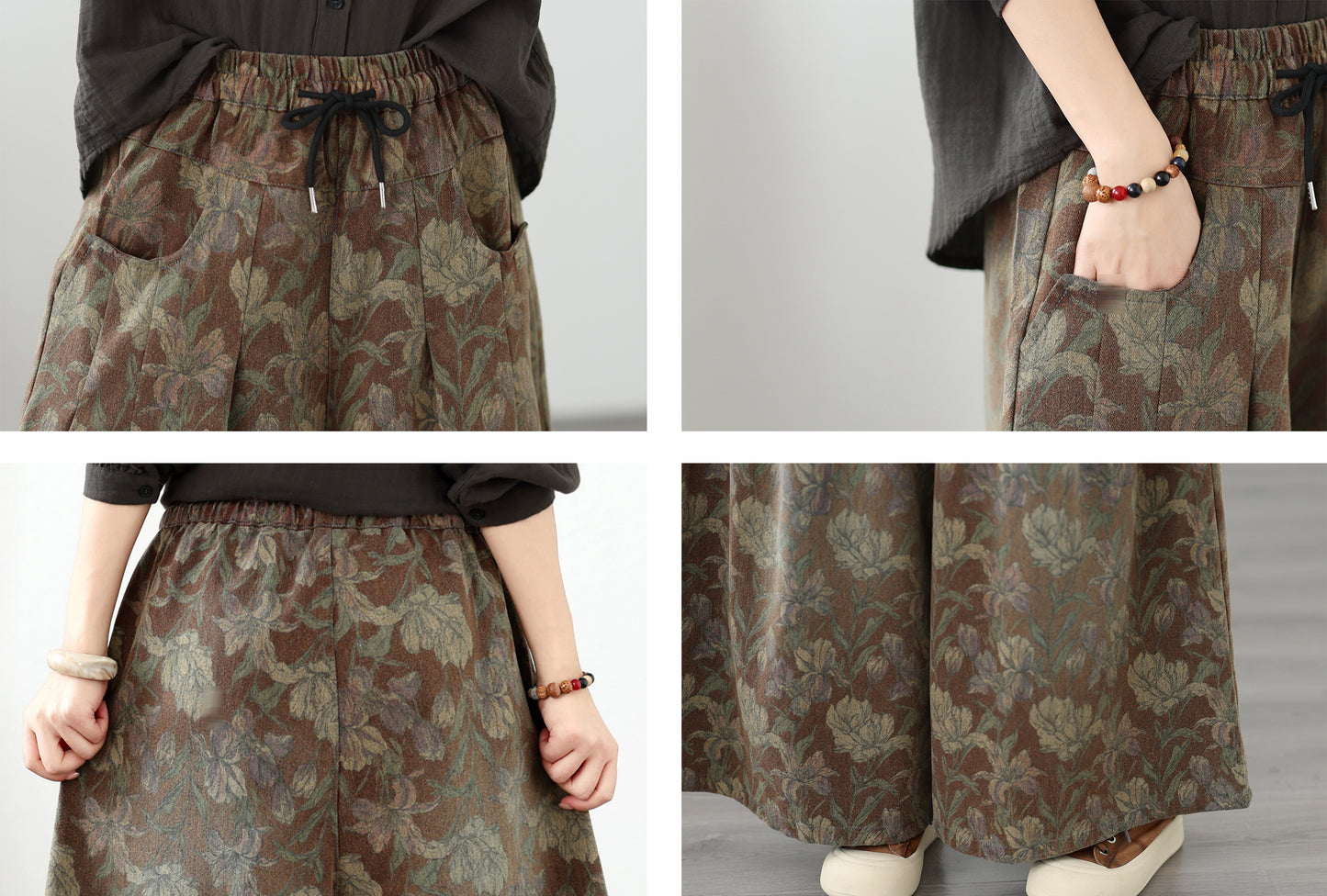 Women's Vintage Floral Print Drawstring Wide Leg Jeans - LAI MENG FIVE CATS