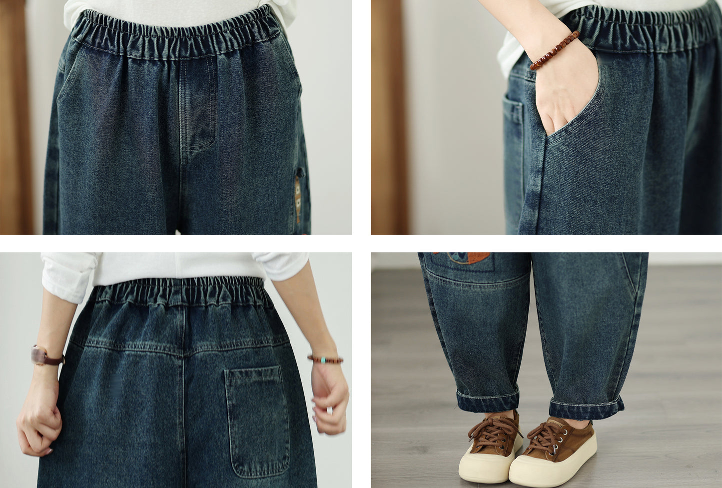 Vintage Wide-Leg Jeans Embroidered Denim Harem Pants - LAI MENG FIVE CATS