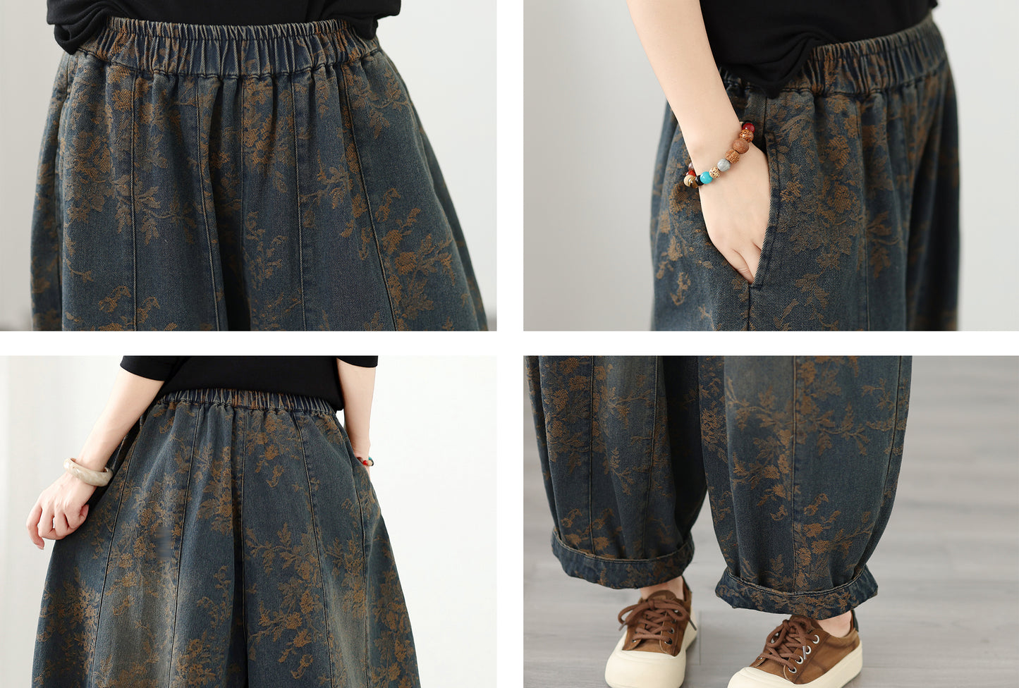 Women's Loose Floral Denim Jeans Elastic Waist Boho Lantern Pants - LAI MENG FIVE CATS