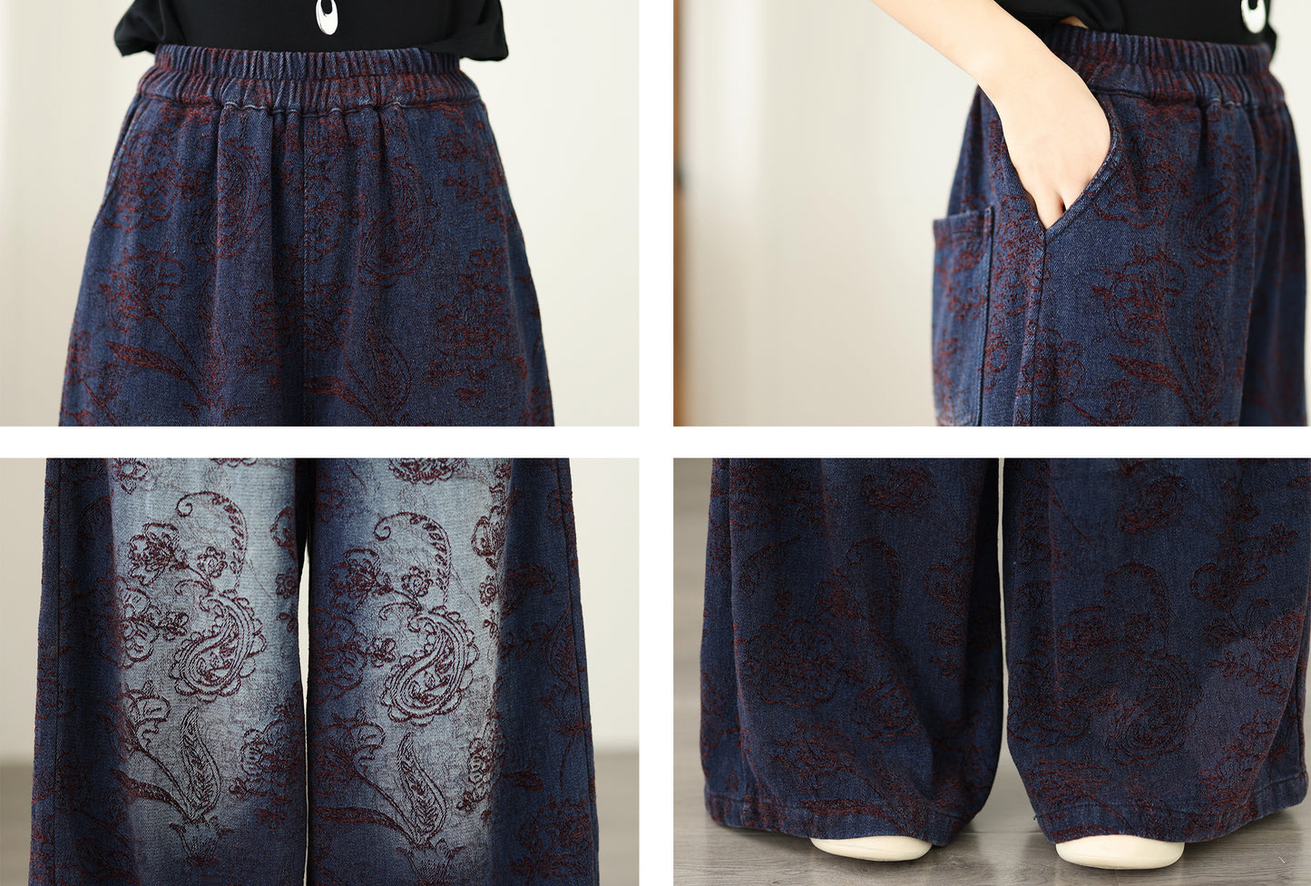 Retro Paisley Print Wide-Leg Jeans Vintage Wash Denim Pants - LAI MENG FIVE CATS
