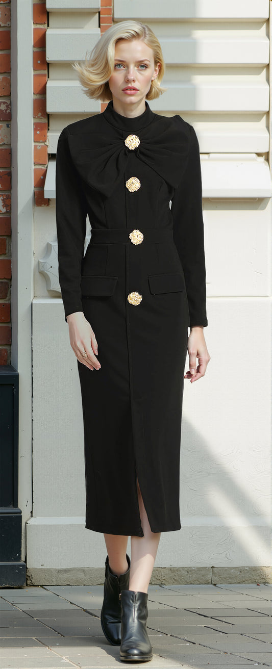 BK- butterfly knot Long sleeve button split hem dress with pocket - LAI MENG FIVE CATS