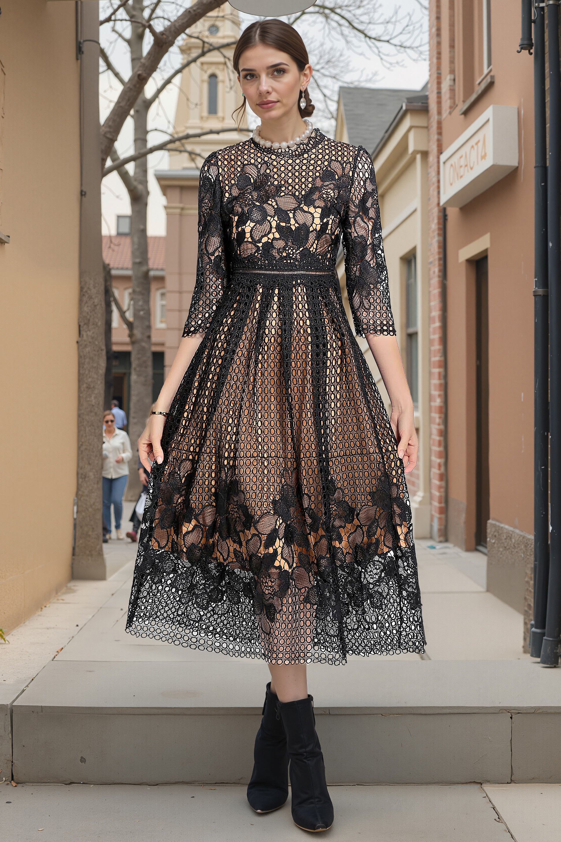 BK-Womens Floral Lace Hollow Crochet Waist Cocktail Dress - LAI MENG FIVE CATS