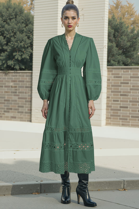 Womens Hollow Buttons Puffy Sleeves Midi Dress - LAI MENG FIVE CATS