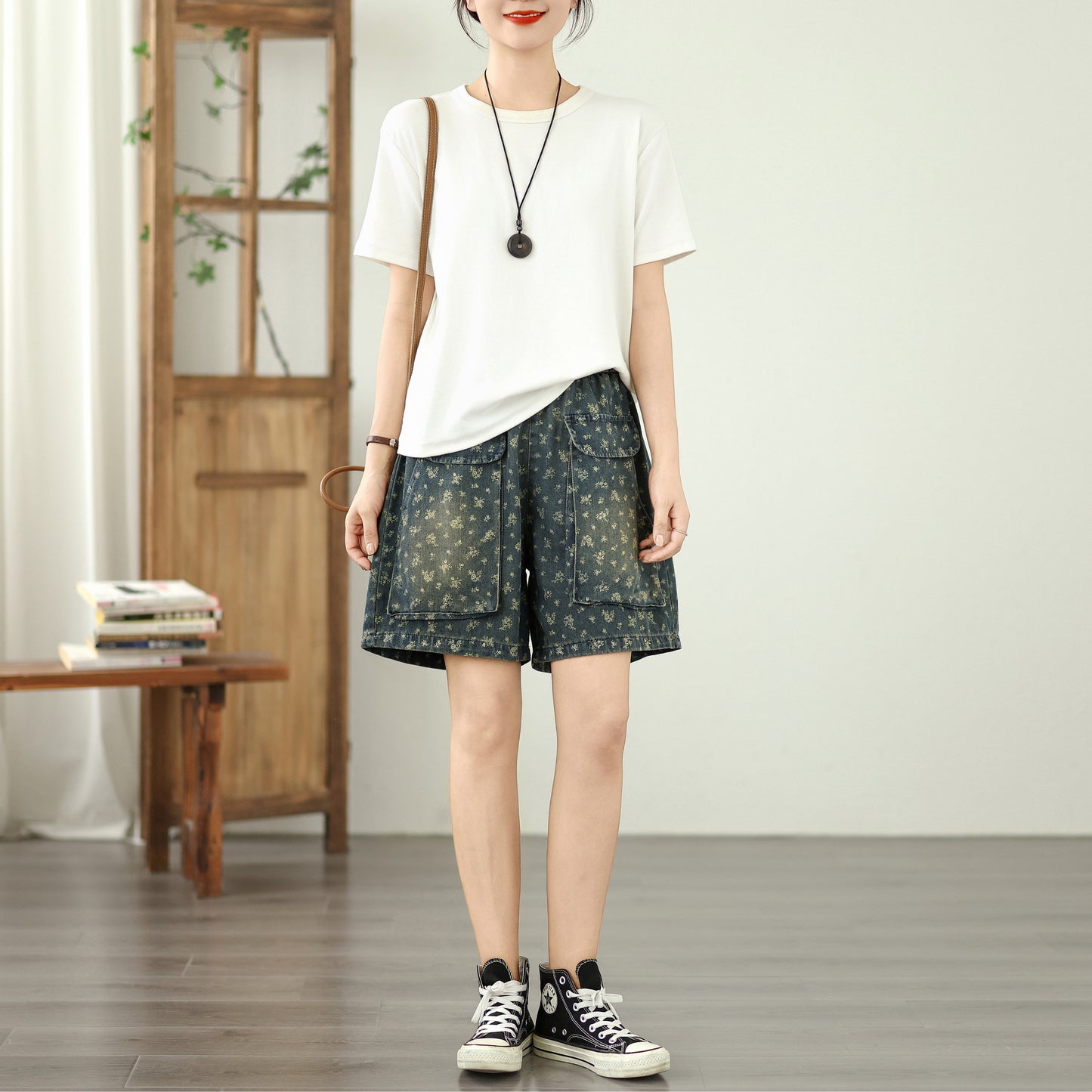 Women's Jeans Elastic Waist Wide Leg Denim Short