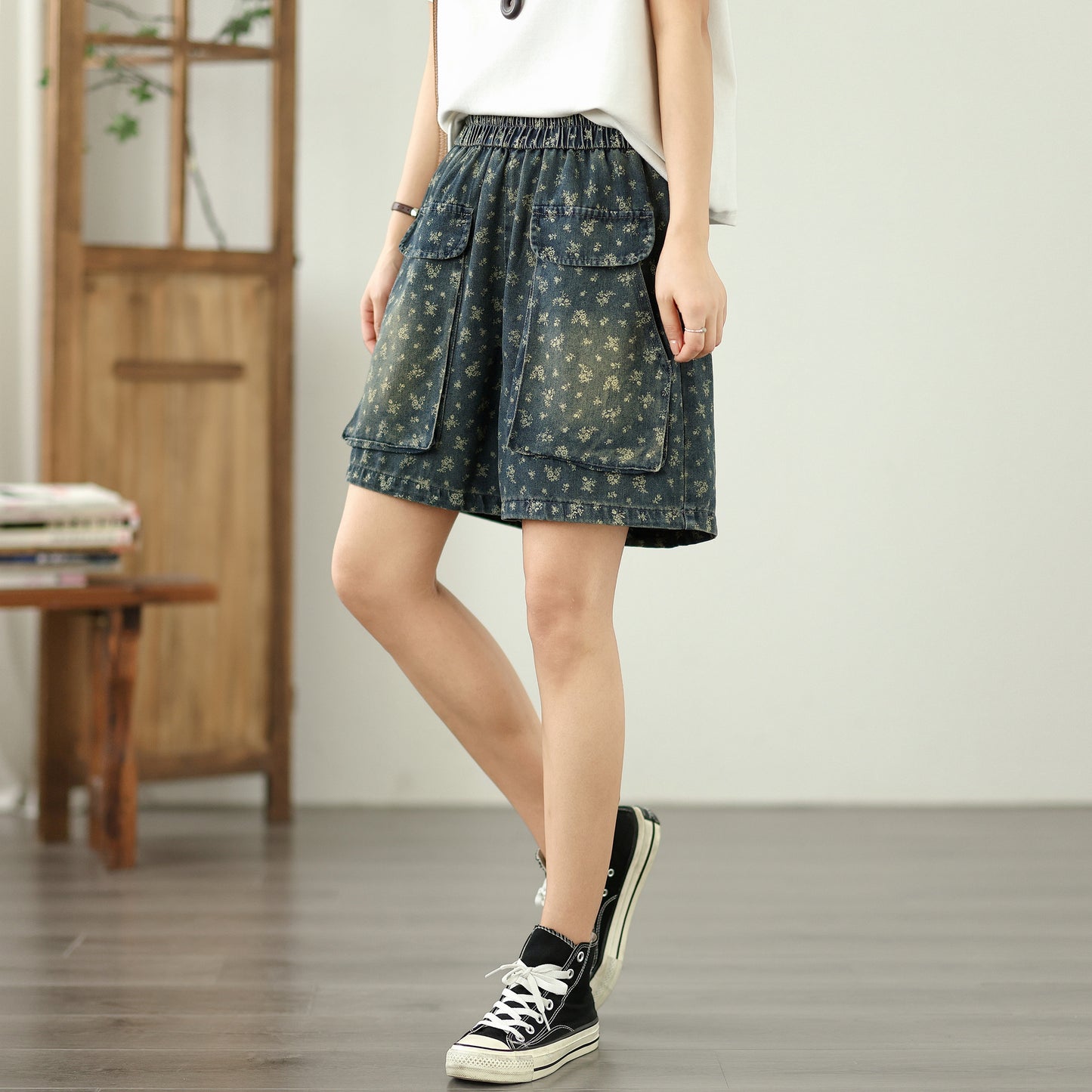 Women's Jeans Elastic Waist Wide Leg Denim Short