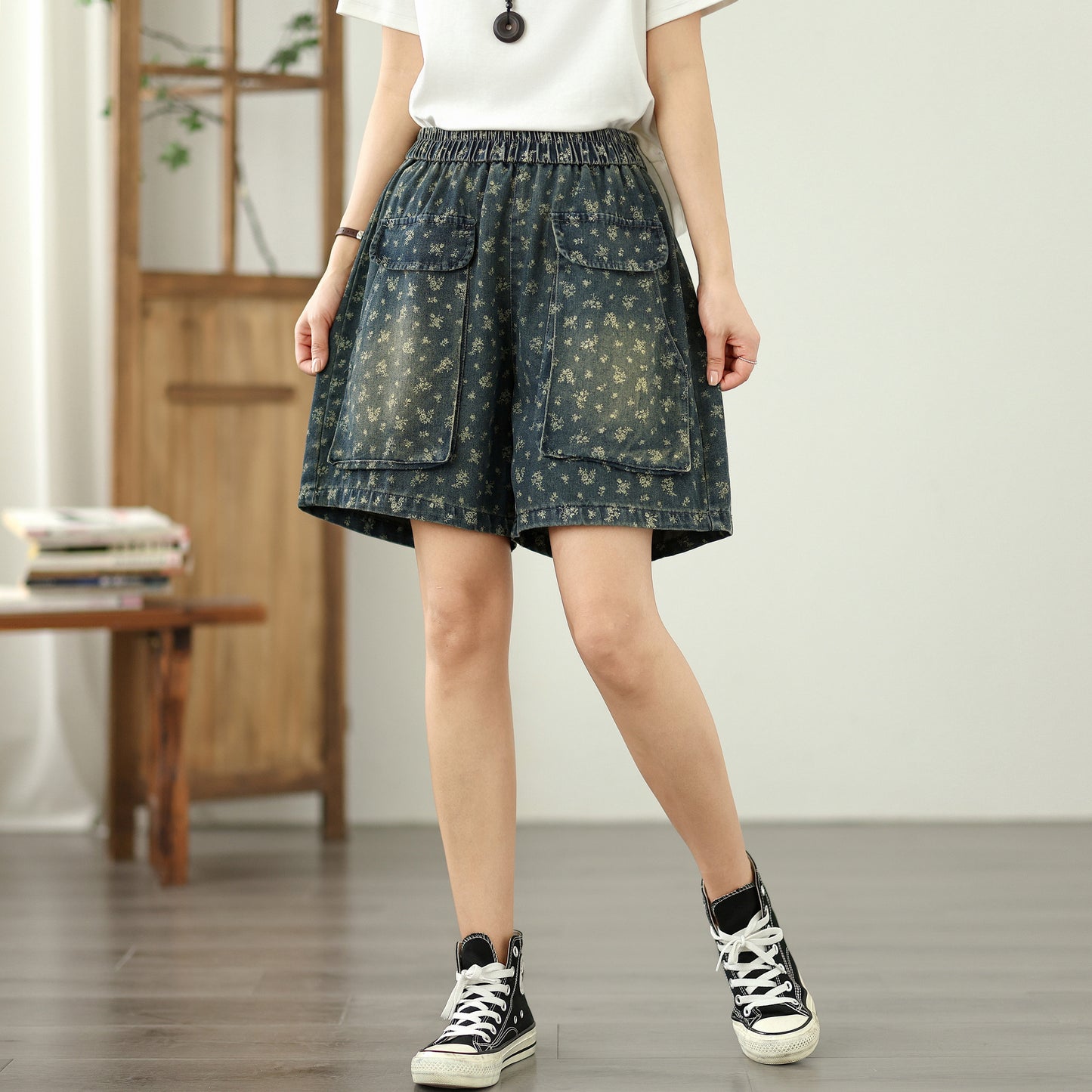 Women's Jeans Elastic Waist Wide Leg Denim Short