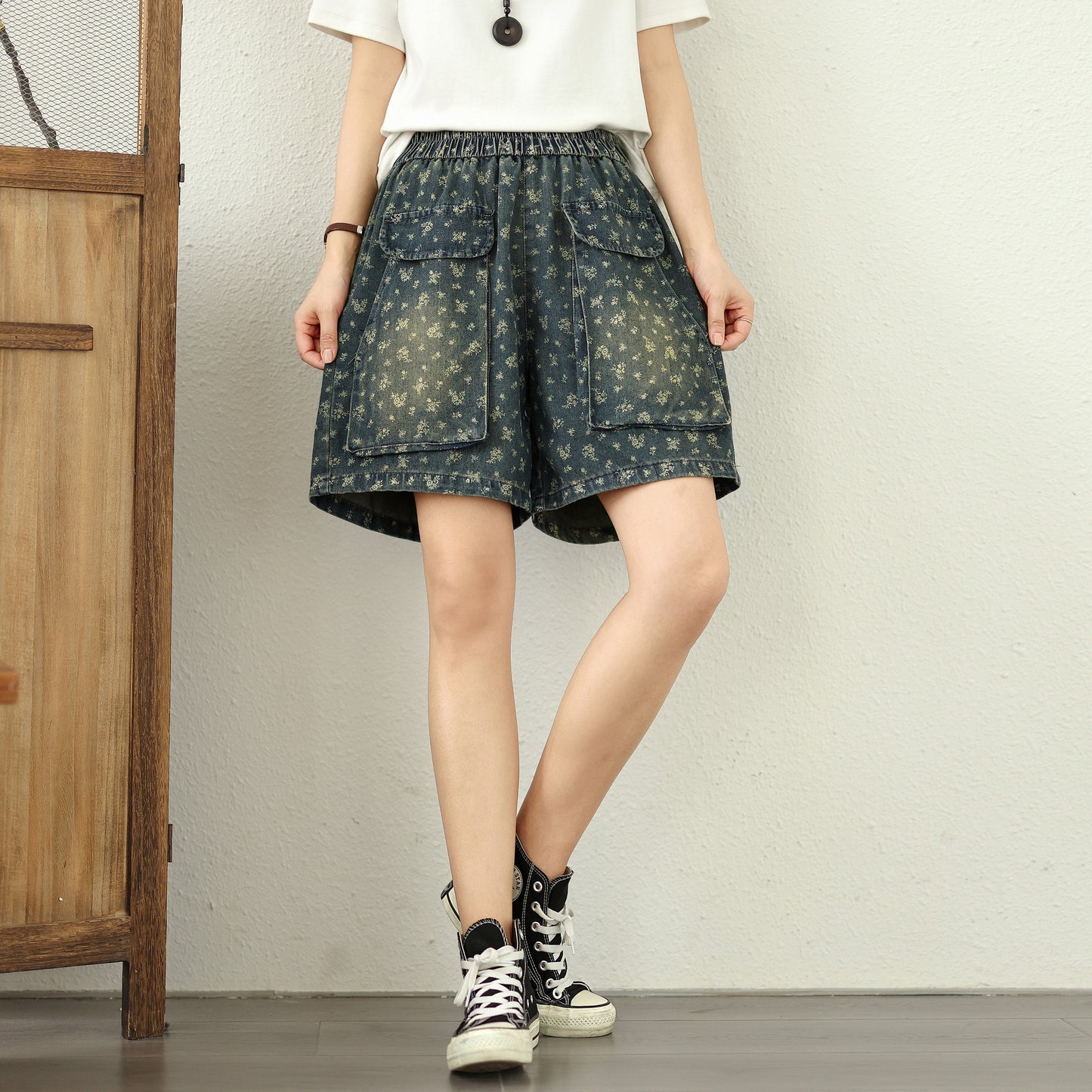 Women's Jeans Elastic Waist Wide Leg Denim Short