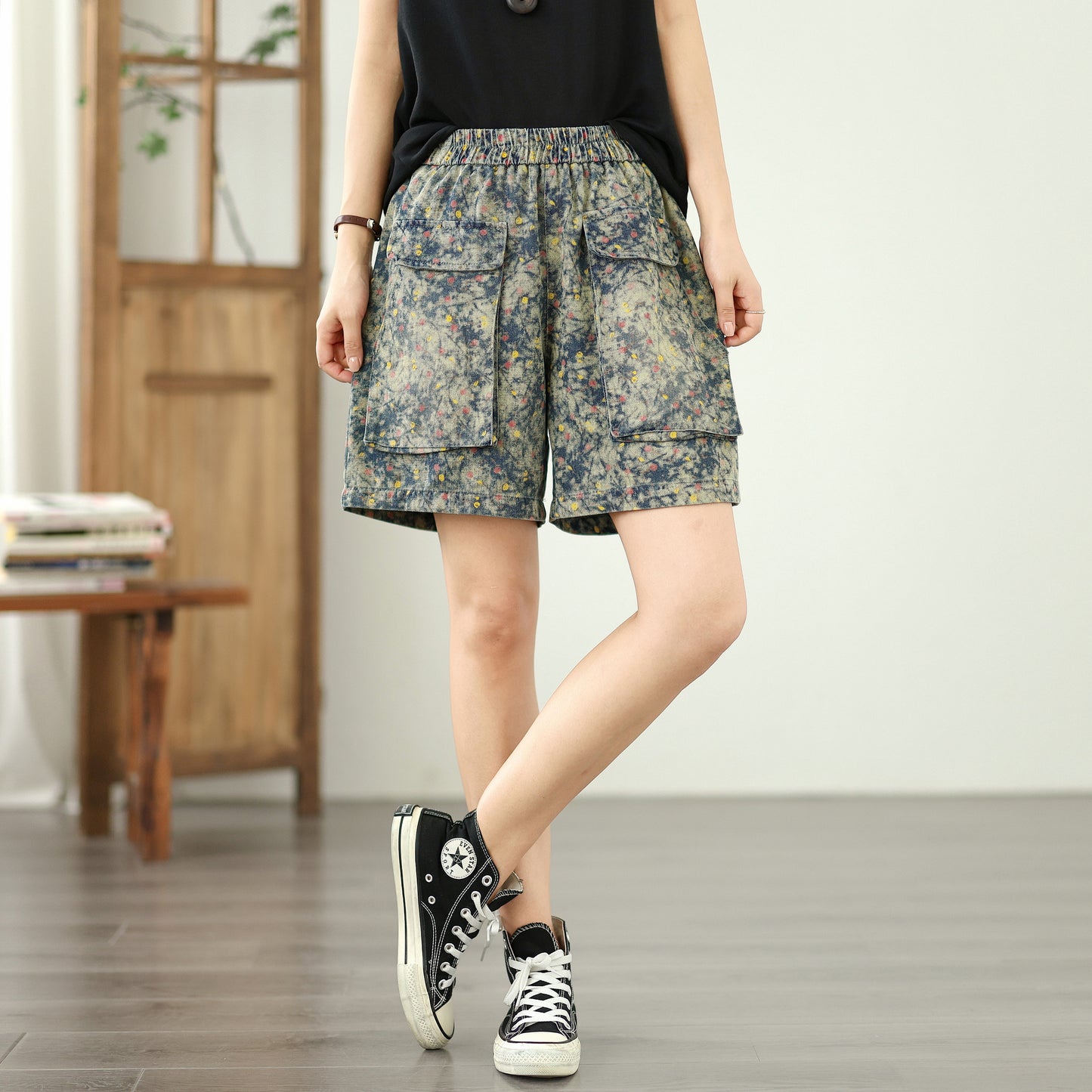 Women's Jeans Elastic Waist Wide Leg Denim Short
