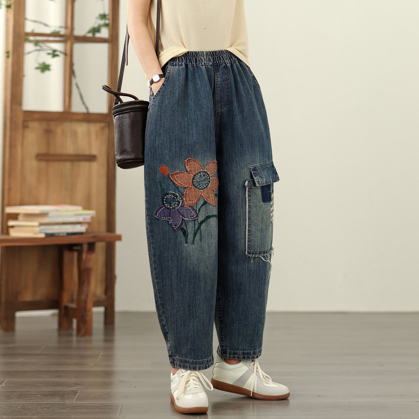 Women Jeans Denim Harem Pants Elastic Waist