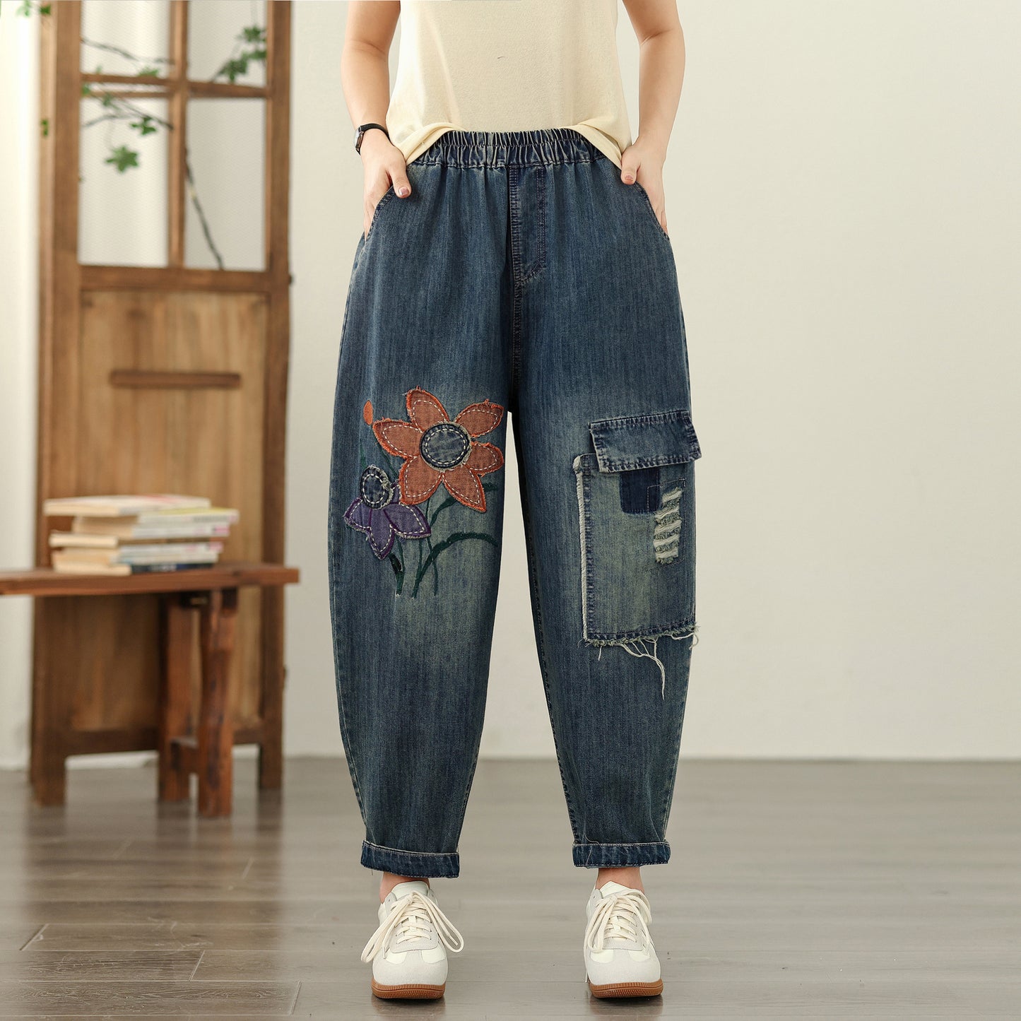 Women Jeans Denim Harem Pants Elastic Waist