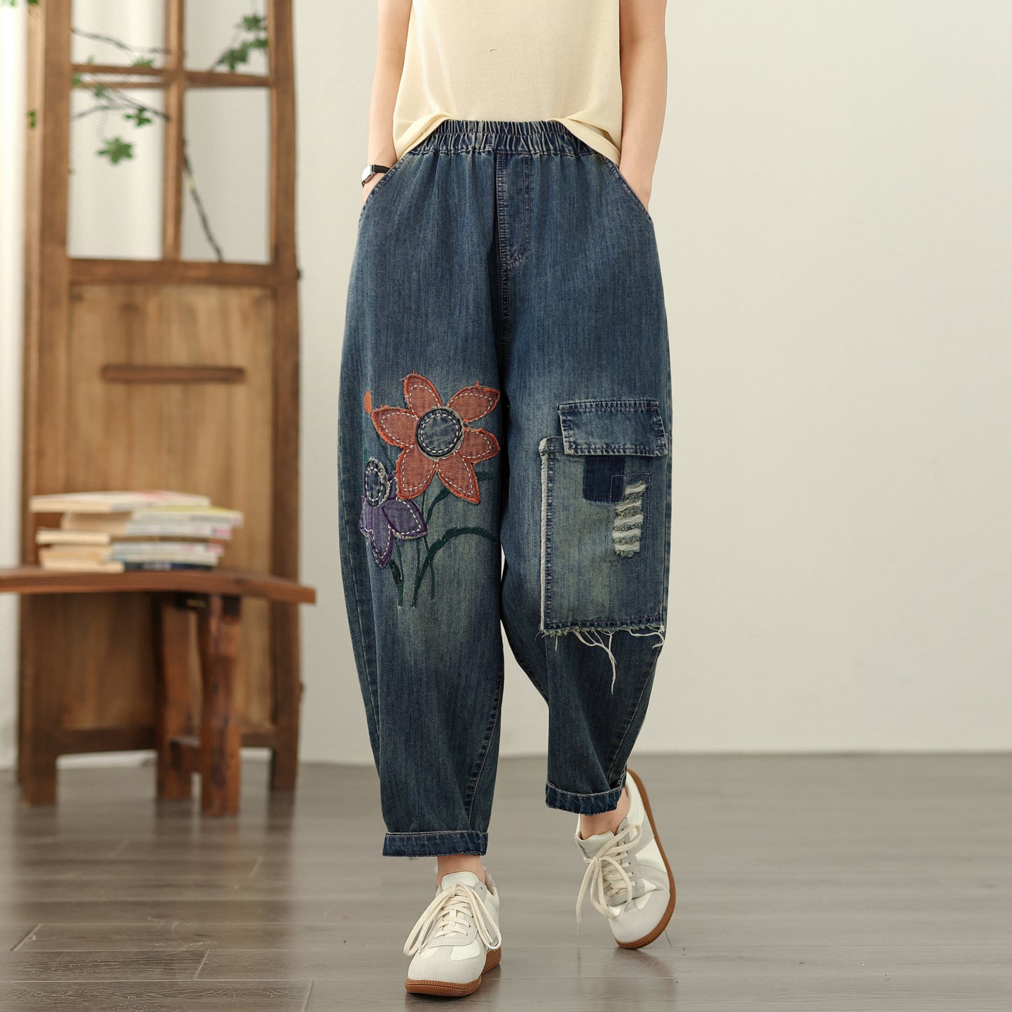 Women Jeans Denim Harem Pants Elastic Waist