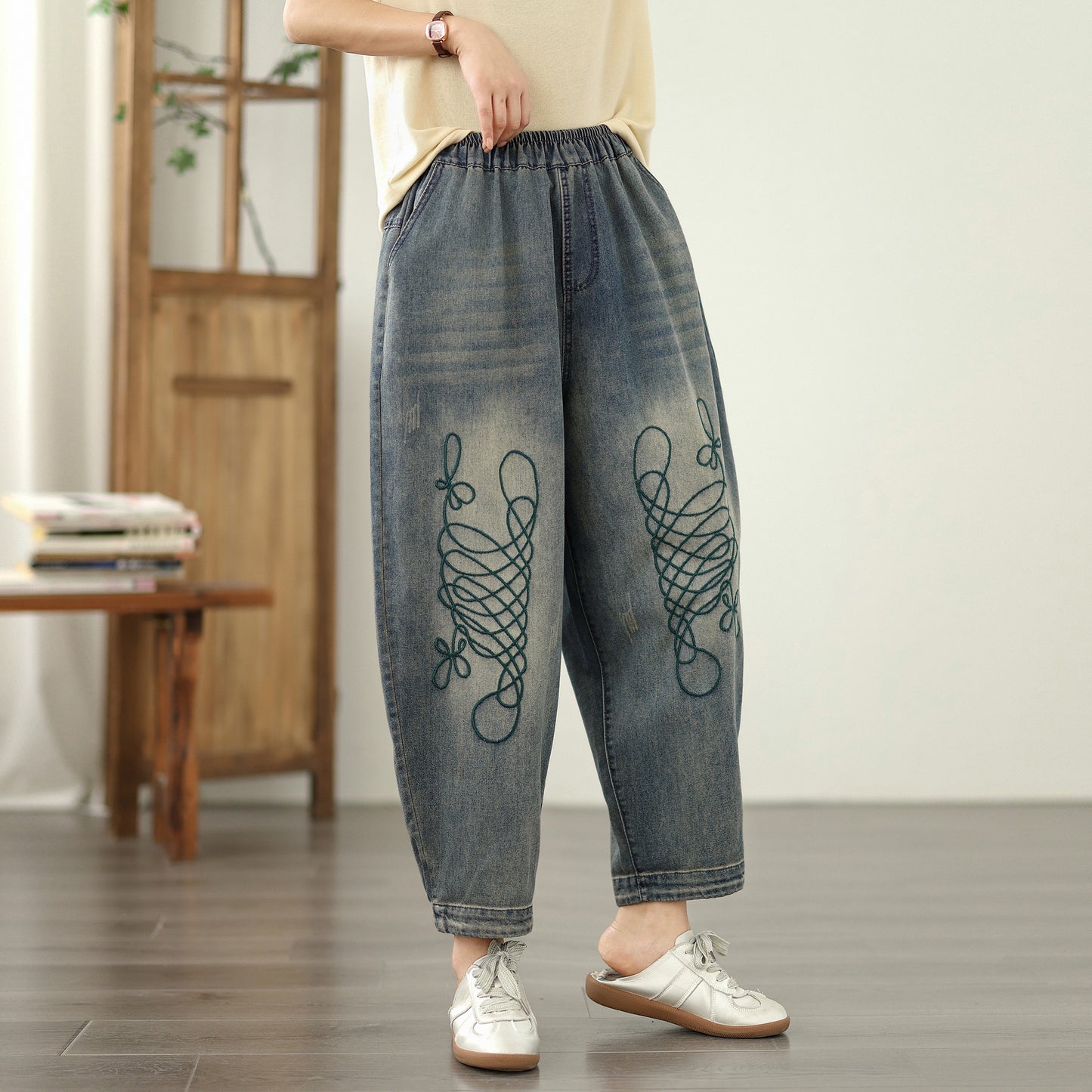 Women Jeans Denim Harem Pants Elastic Waist
