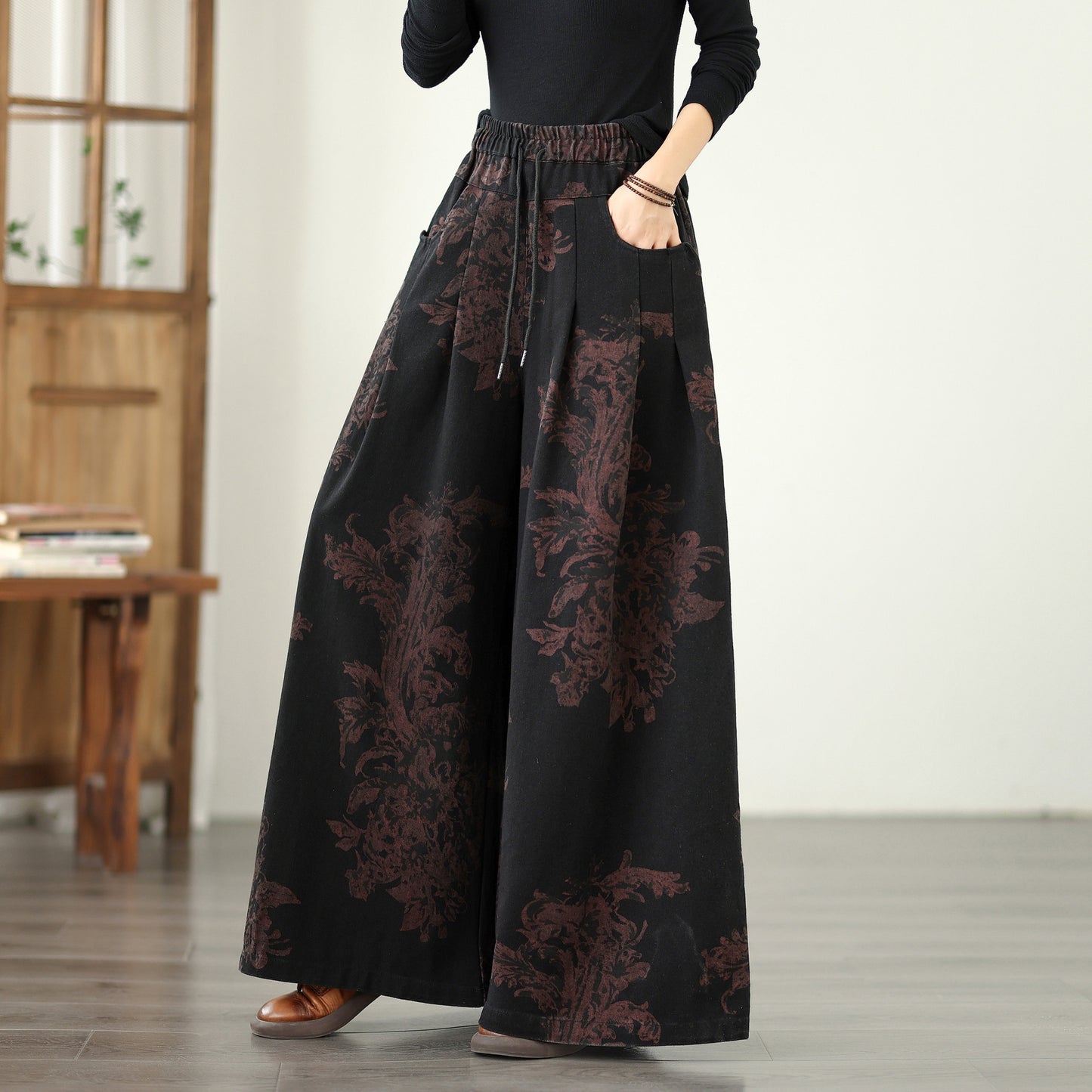 Women's Baggy Jeans Drawstring Elastic Waist Wide Leg - LAI MENG FIVE CATS