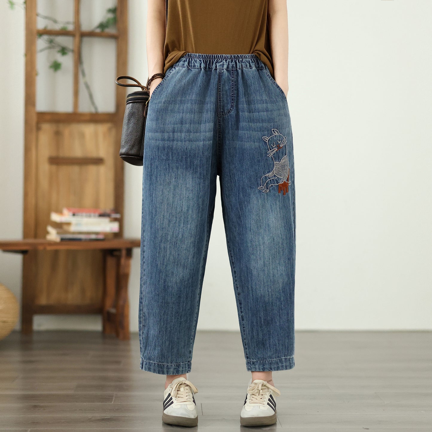 Women's Jeans Denim Loose Pants Elastic Waist
