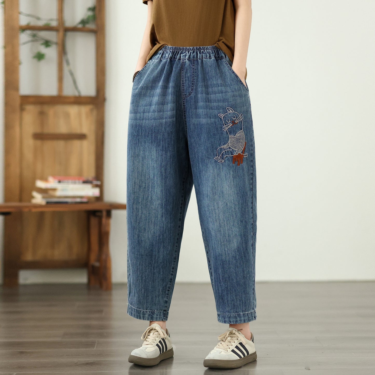 Women's Jeans Denim Loose Pants Elastic Waist