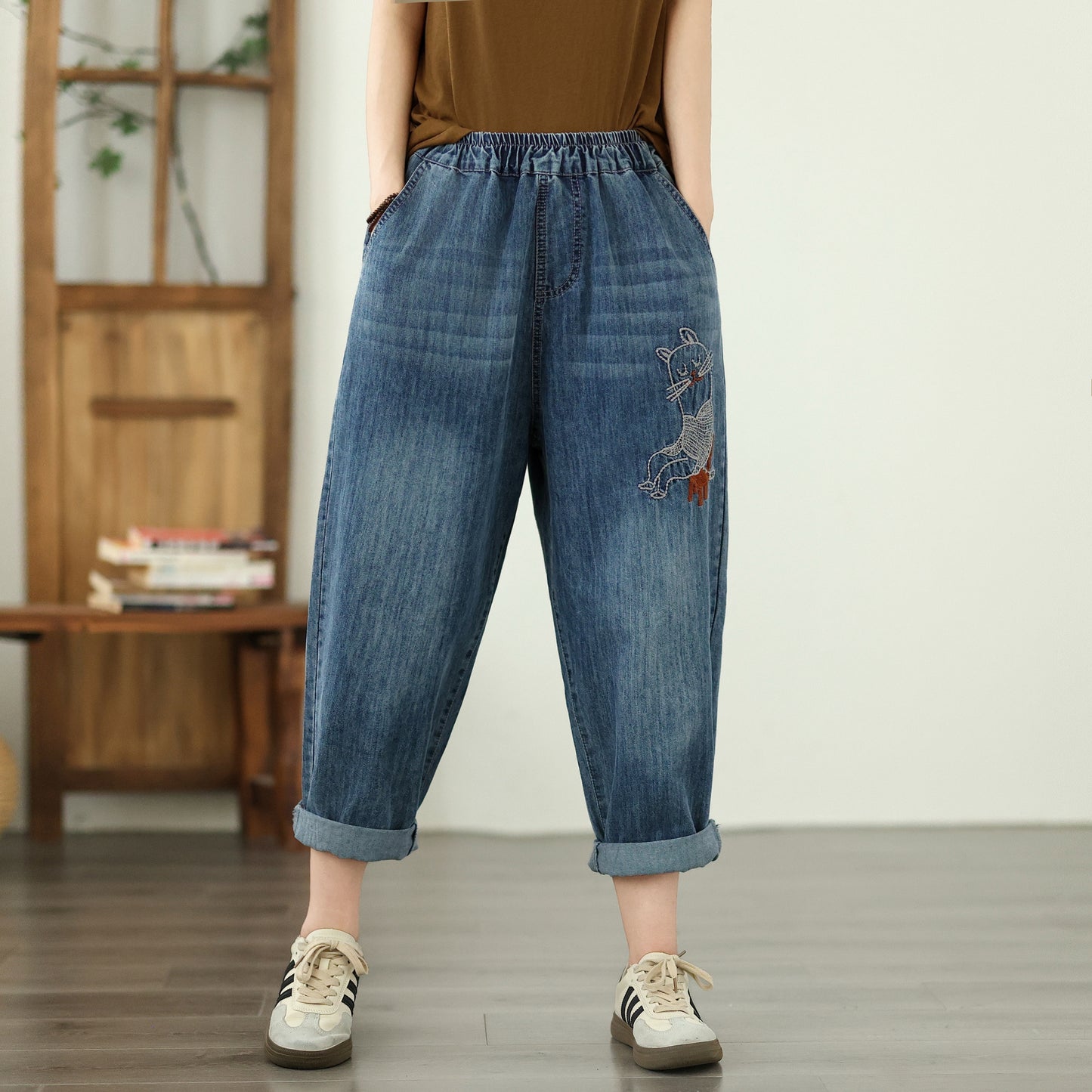 Women's Jeans Denim Loose Pants Elastic Waist
