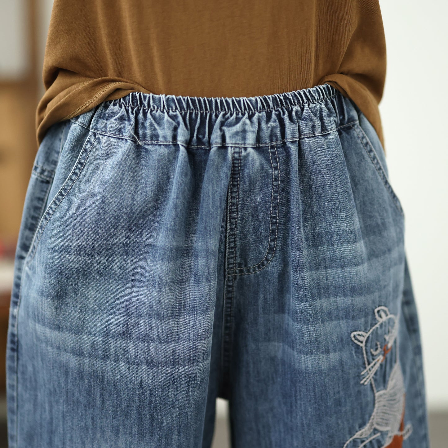 Women's Jeans Denim Loose Pants Elastic Waist