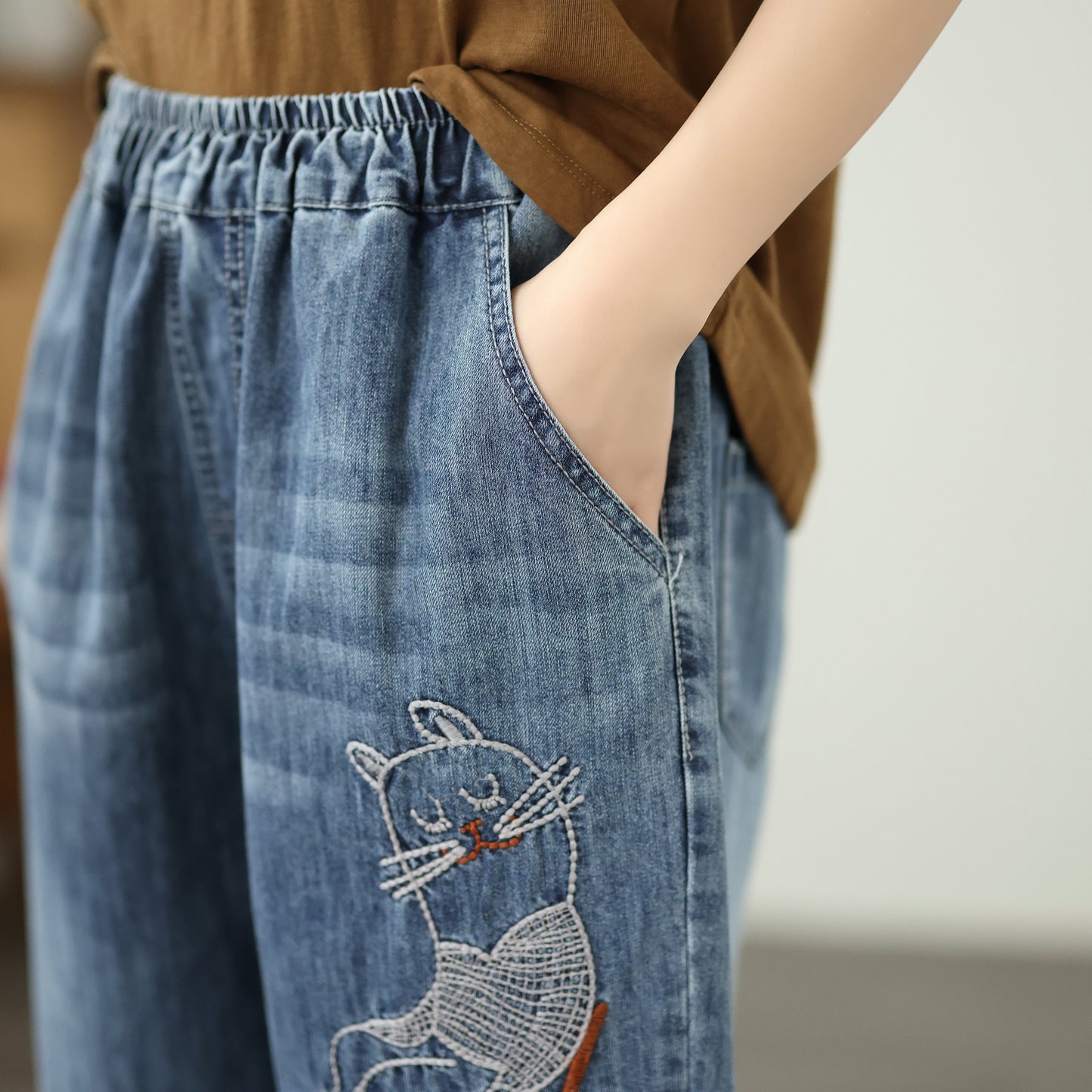 Women's Jeans Denim Loose Pants Elastic Waist