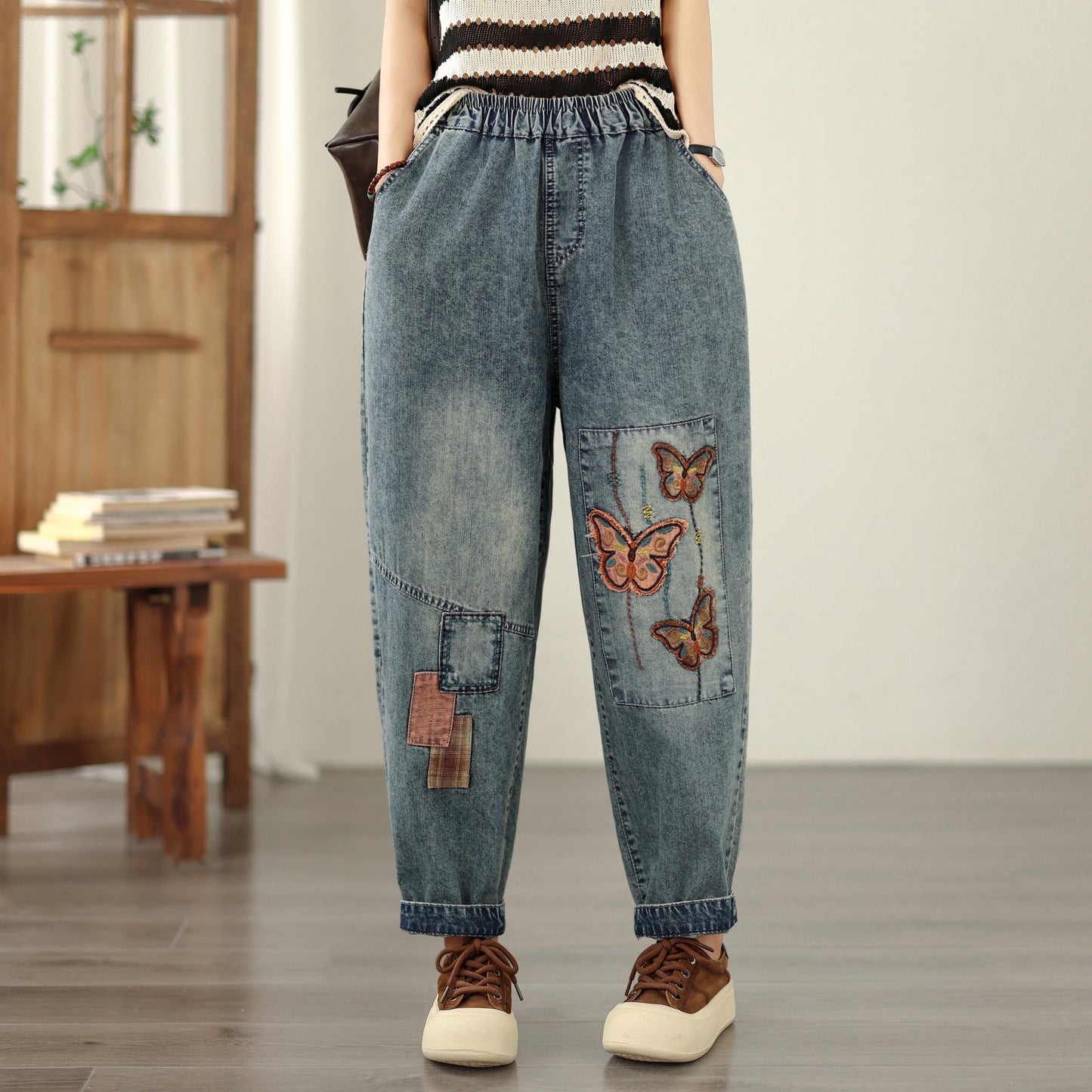 Women's Casual Denim Harem Jeans Elastic Waist Loose Pants - LAI MENG FIVE CATS