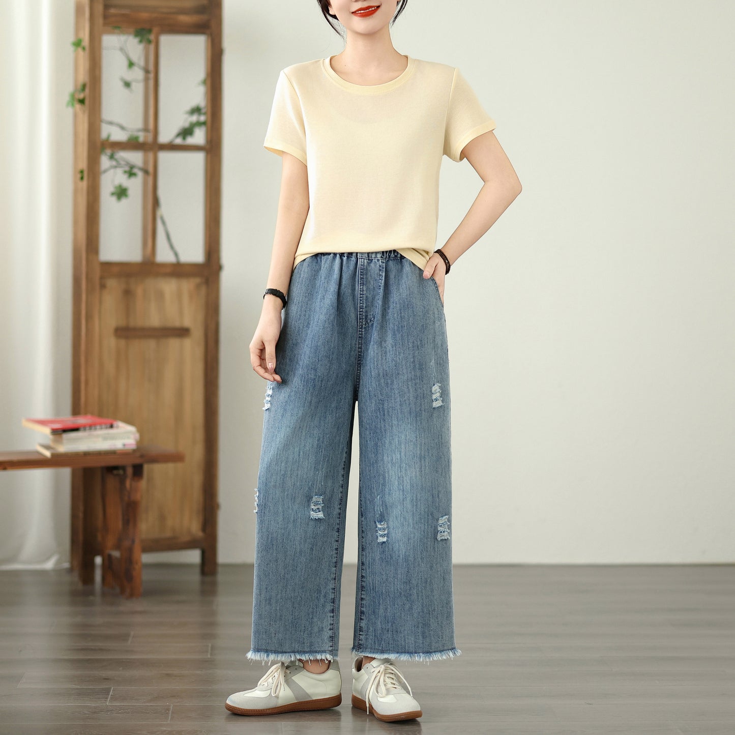 Women's Embroidery Wide Leg Denim Fringe Jeans