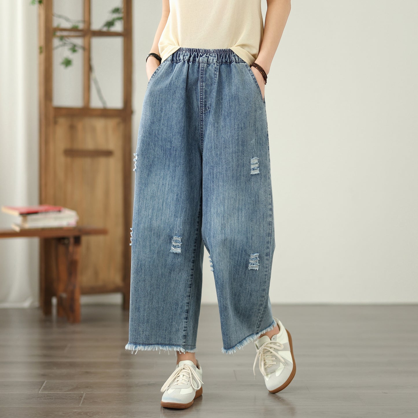 Women's Embroidery Wide Leg Denim Fringe Jeans