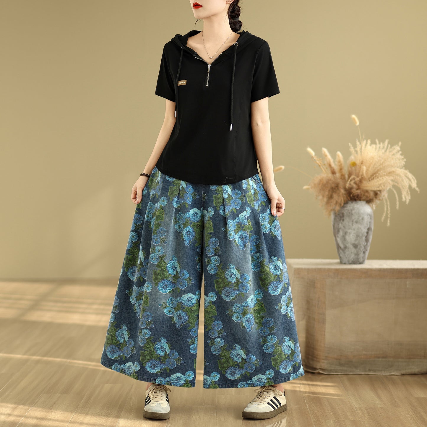 Women's Loose Elastic Waist Wide Leg Denim Pants