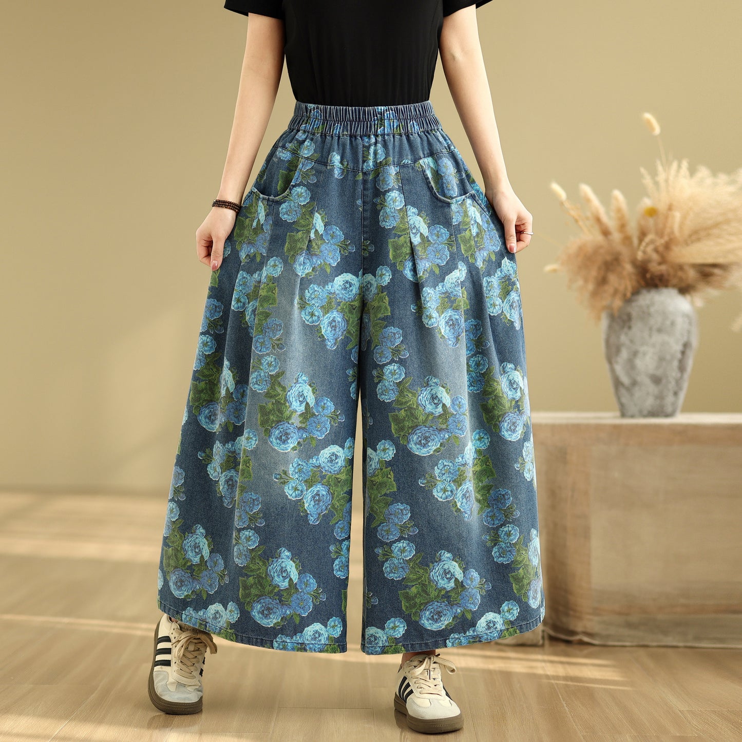 Women's Loose Elastic Waist Wide Leg Denim Pants