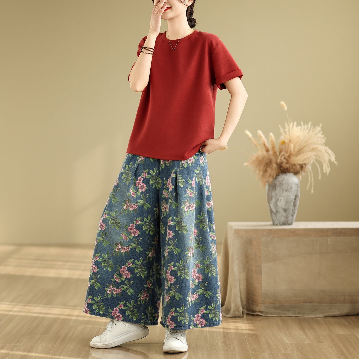 Women's Loose Elastic Waist Wide Leg Denim Pants