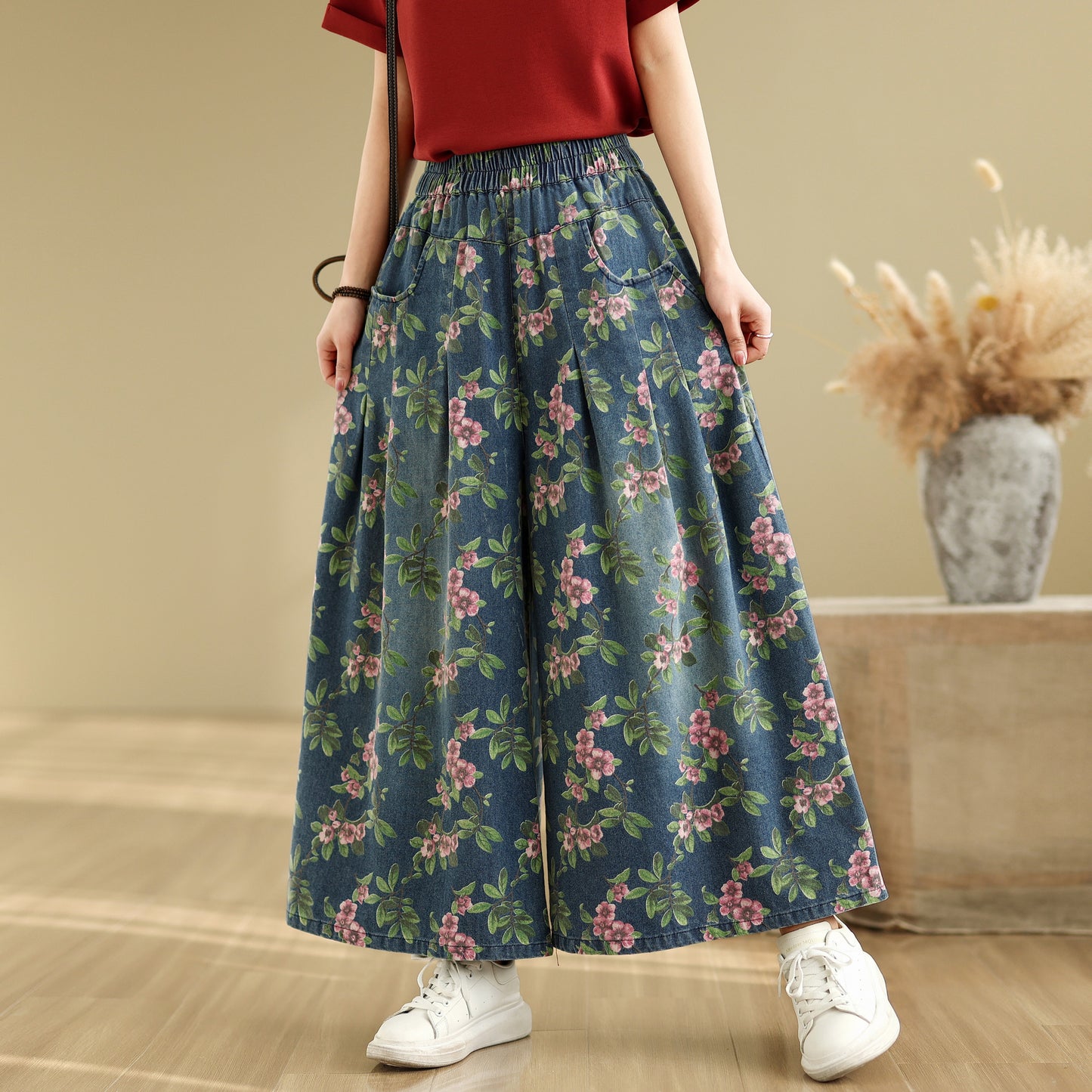 Women's Loose Elastic Waist Wide Leg Denim Pants
