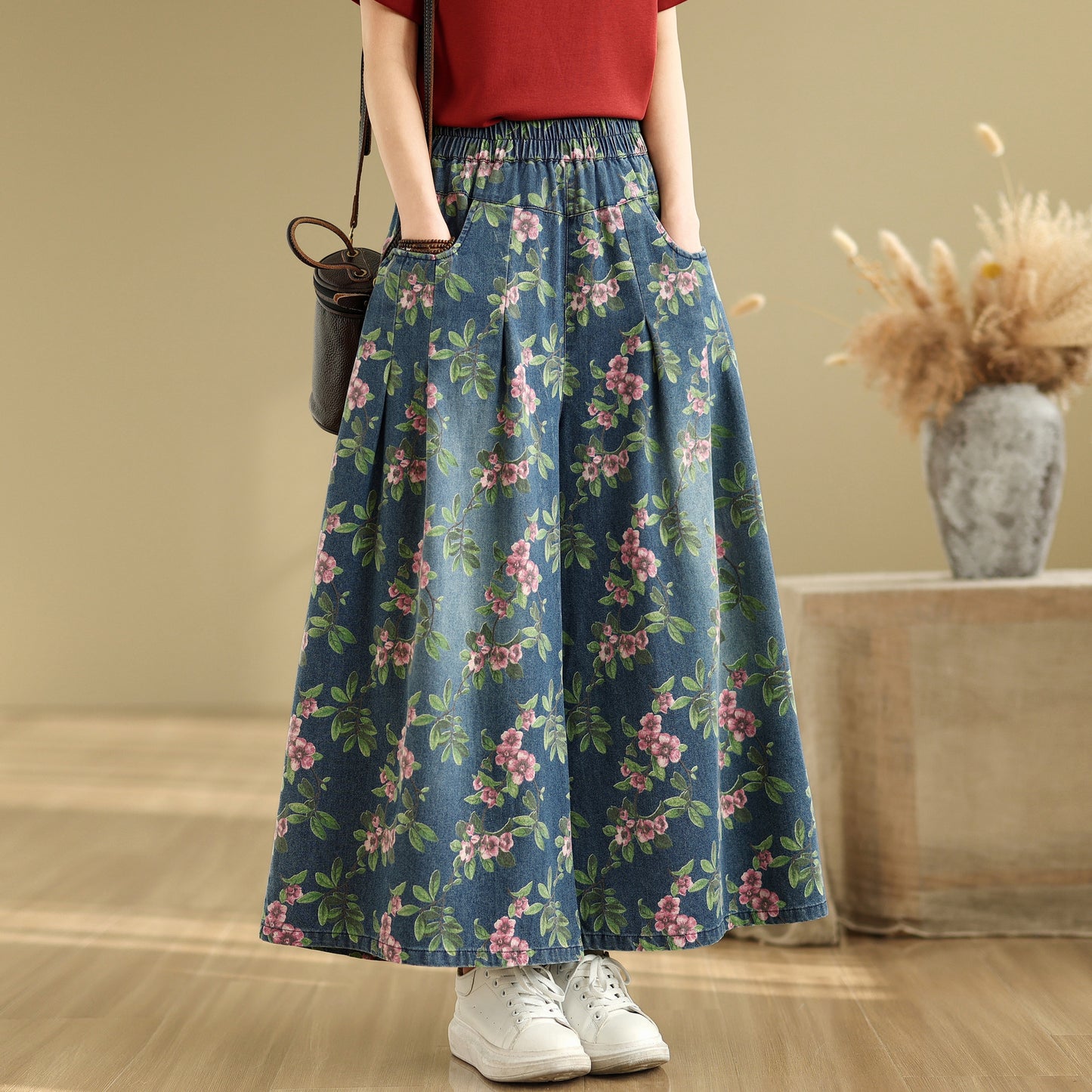 Women's Loose Elastic Waist Wide Leg Denim Pants