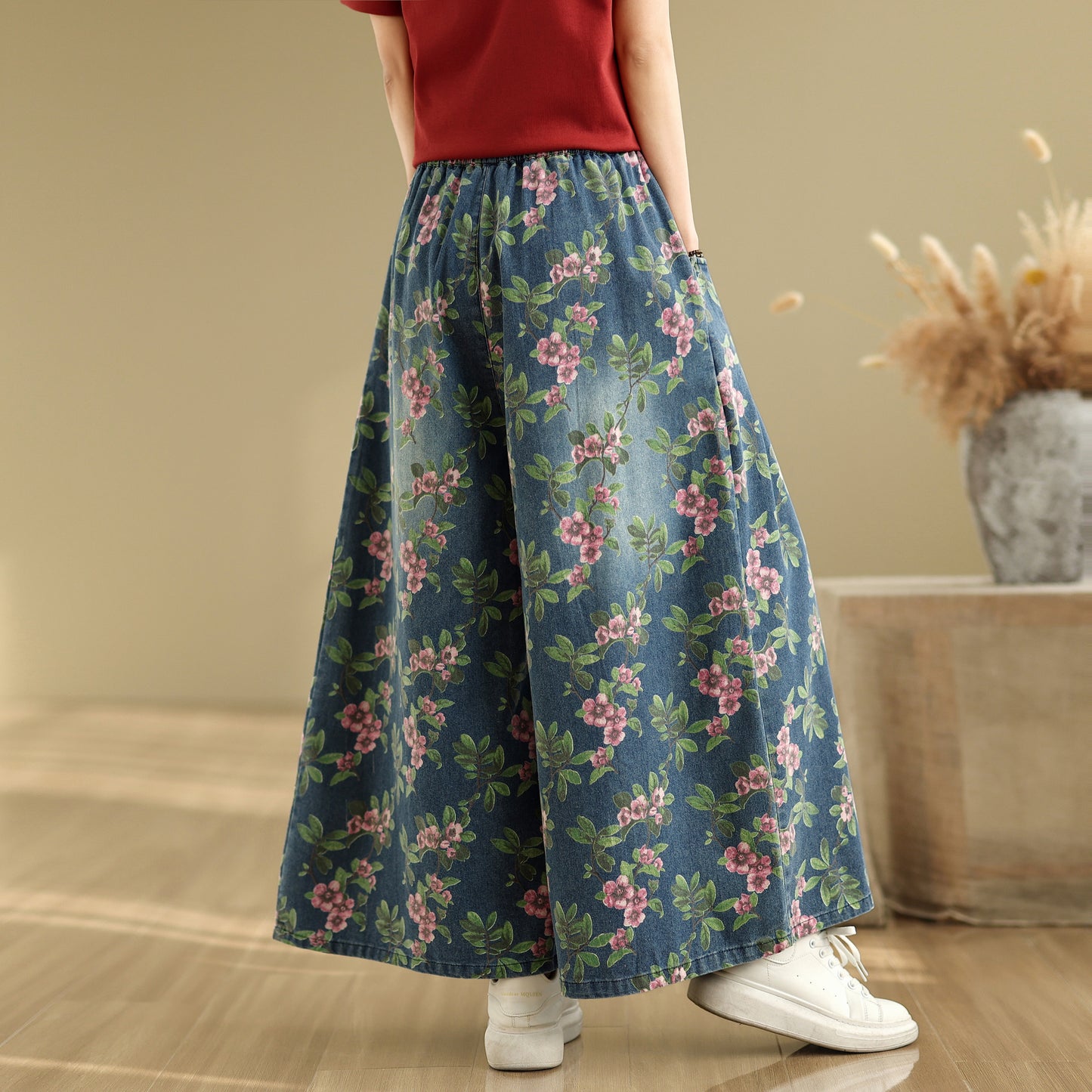 Women's Loose Elastic Waist Wide Leg Denim Pants