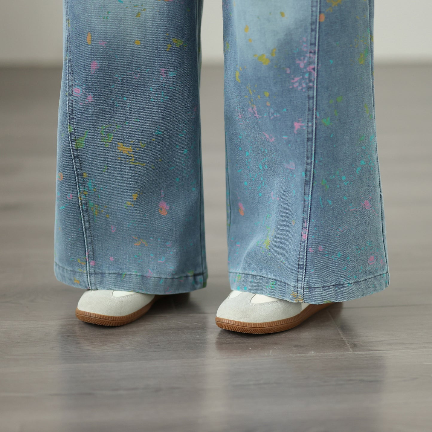 Women’s Wide-Leg Denim Pants – Elastic Waist, Paint Splatter Print, Casual Loose Fit Jeans - LAI MENG FIVE CATS