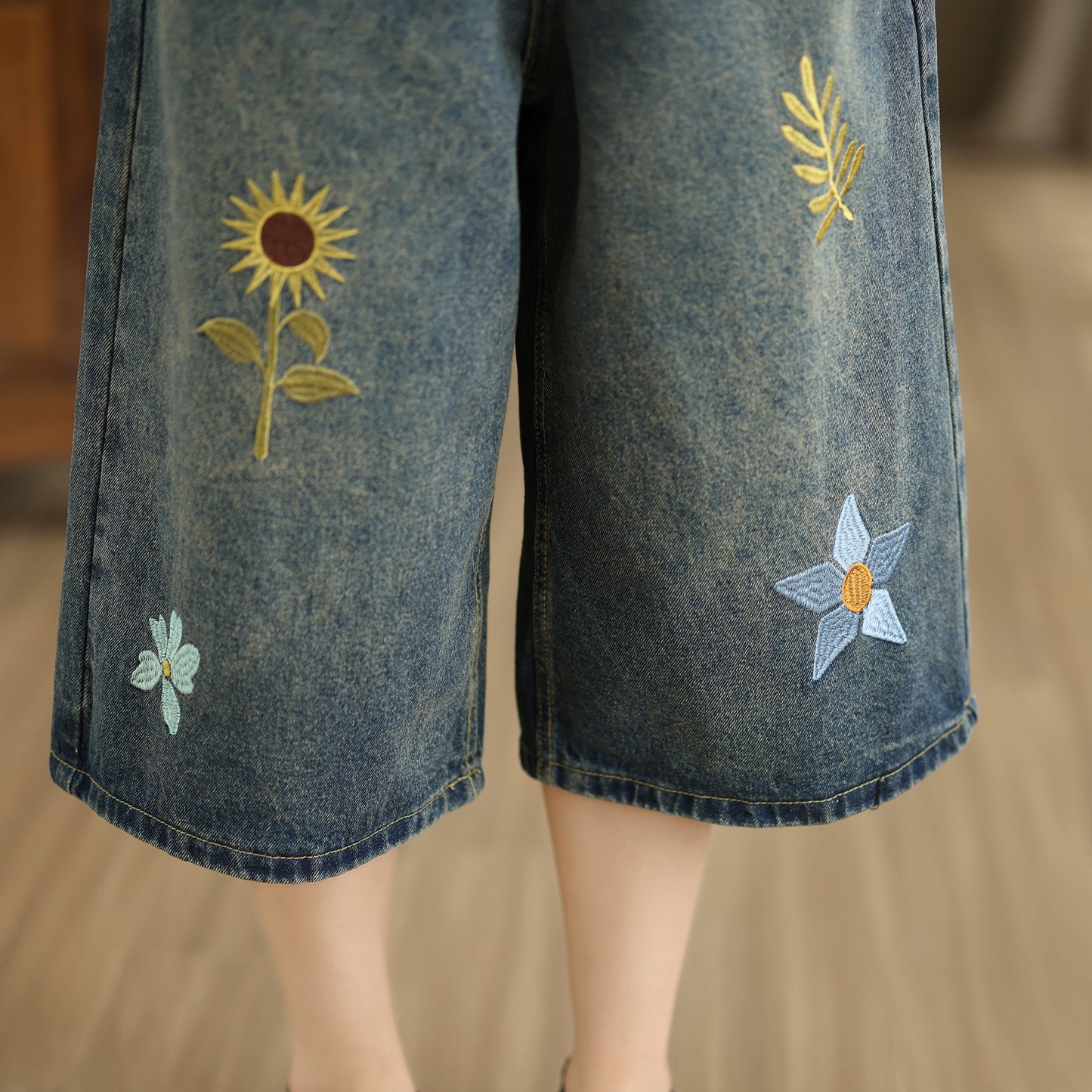 Embroidered Cropped Wide Leg Jeans | Floral Summer Denim