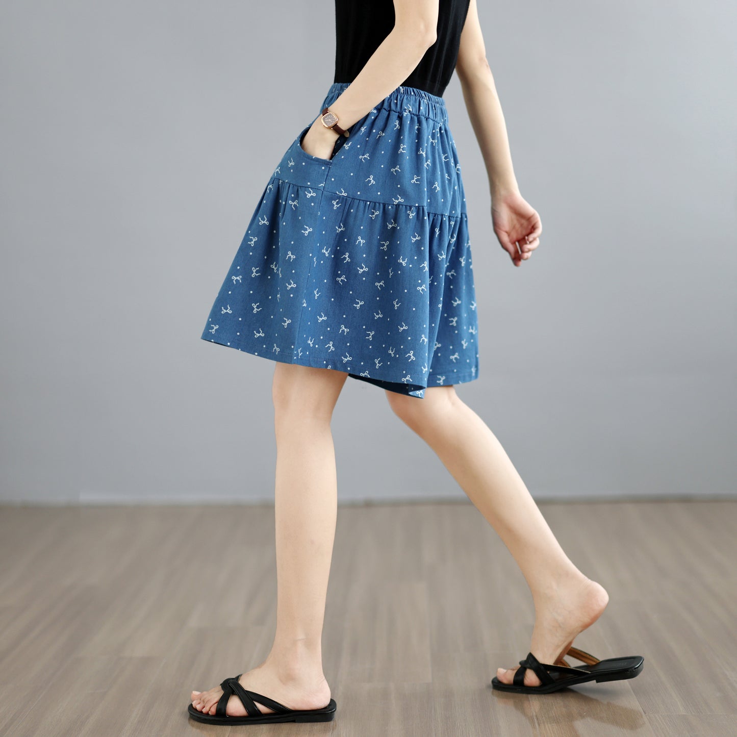 Floral Denim Skort Shorts – Elastic Waist & Pockets - LAI MENG FIVE CATS