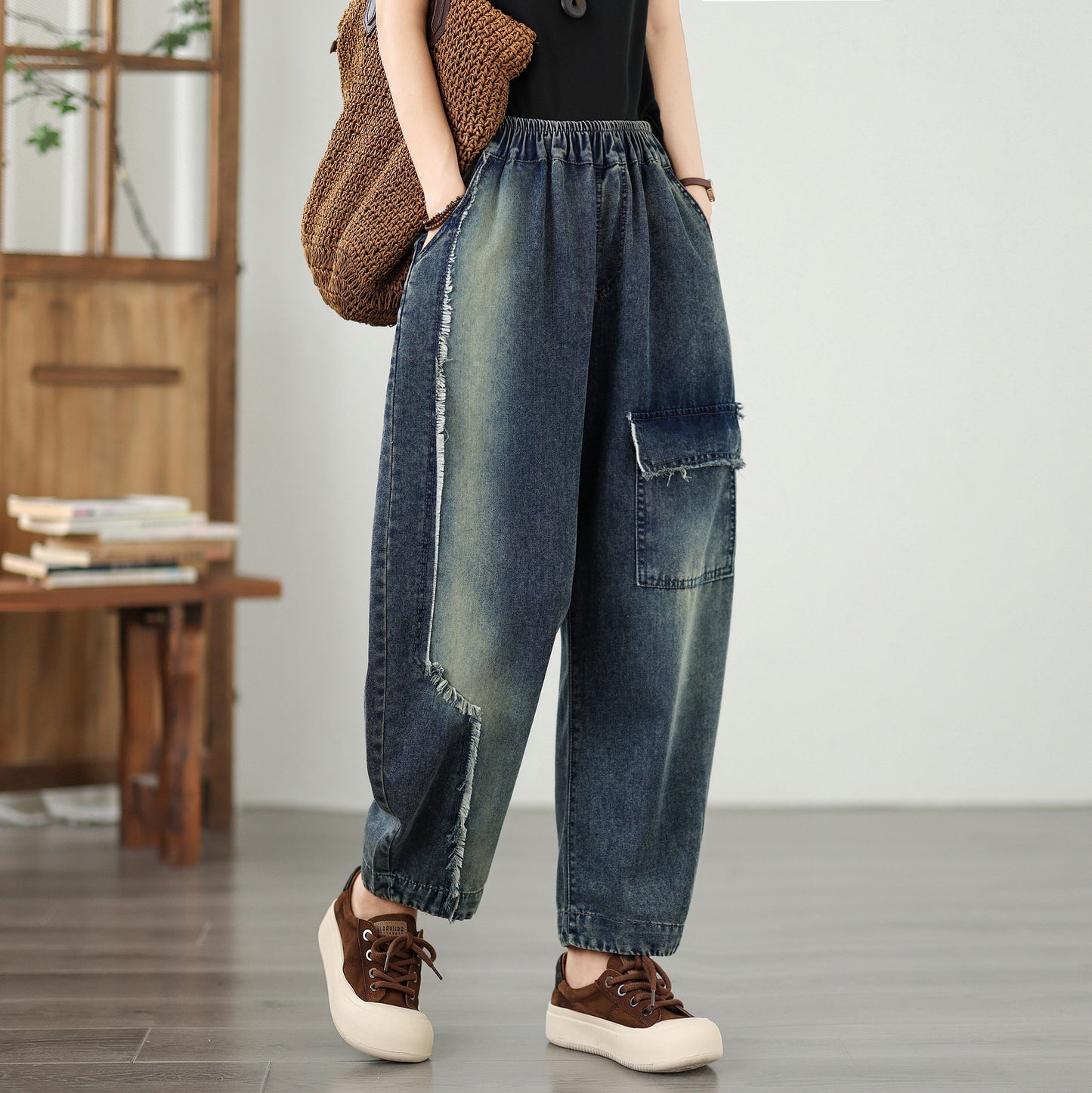 Women's Baggy Jeans Elastic Waist Harem Pants