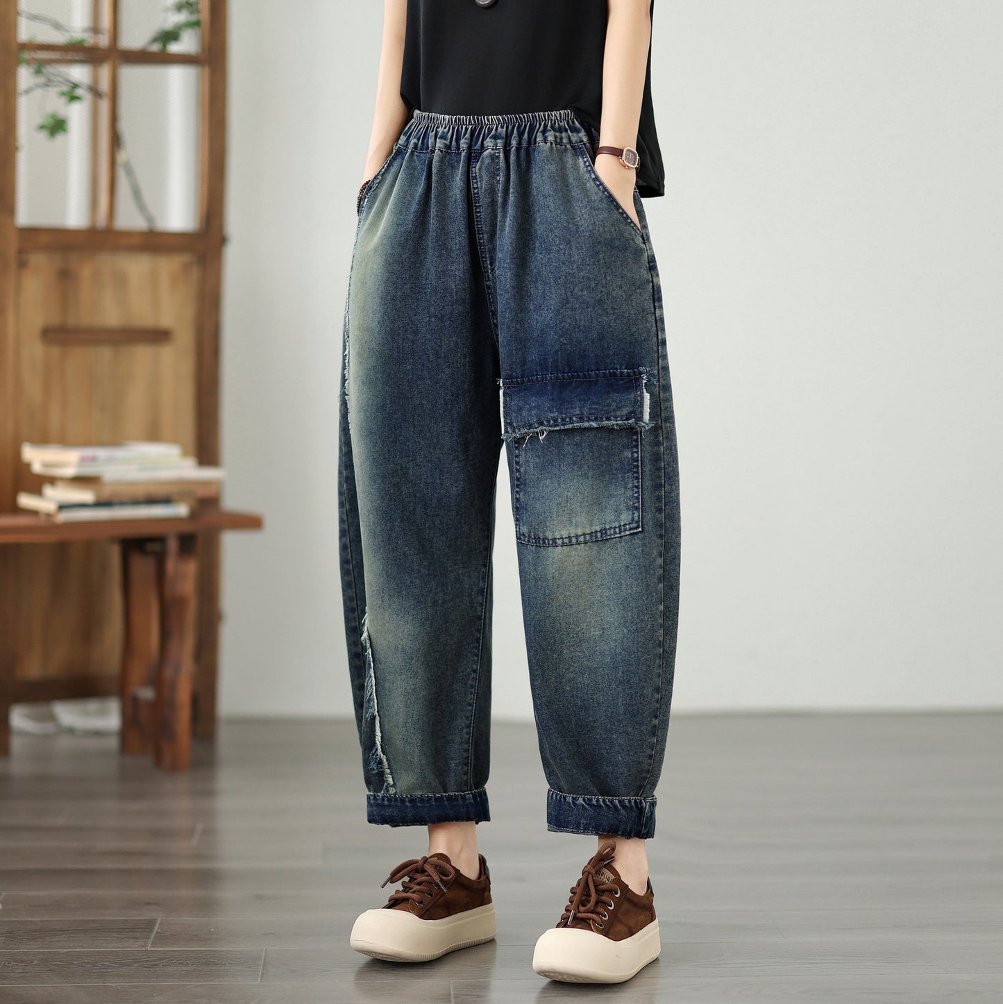 Women's Baggy Jeans Elastic Waist Harem Pants