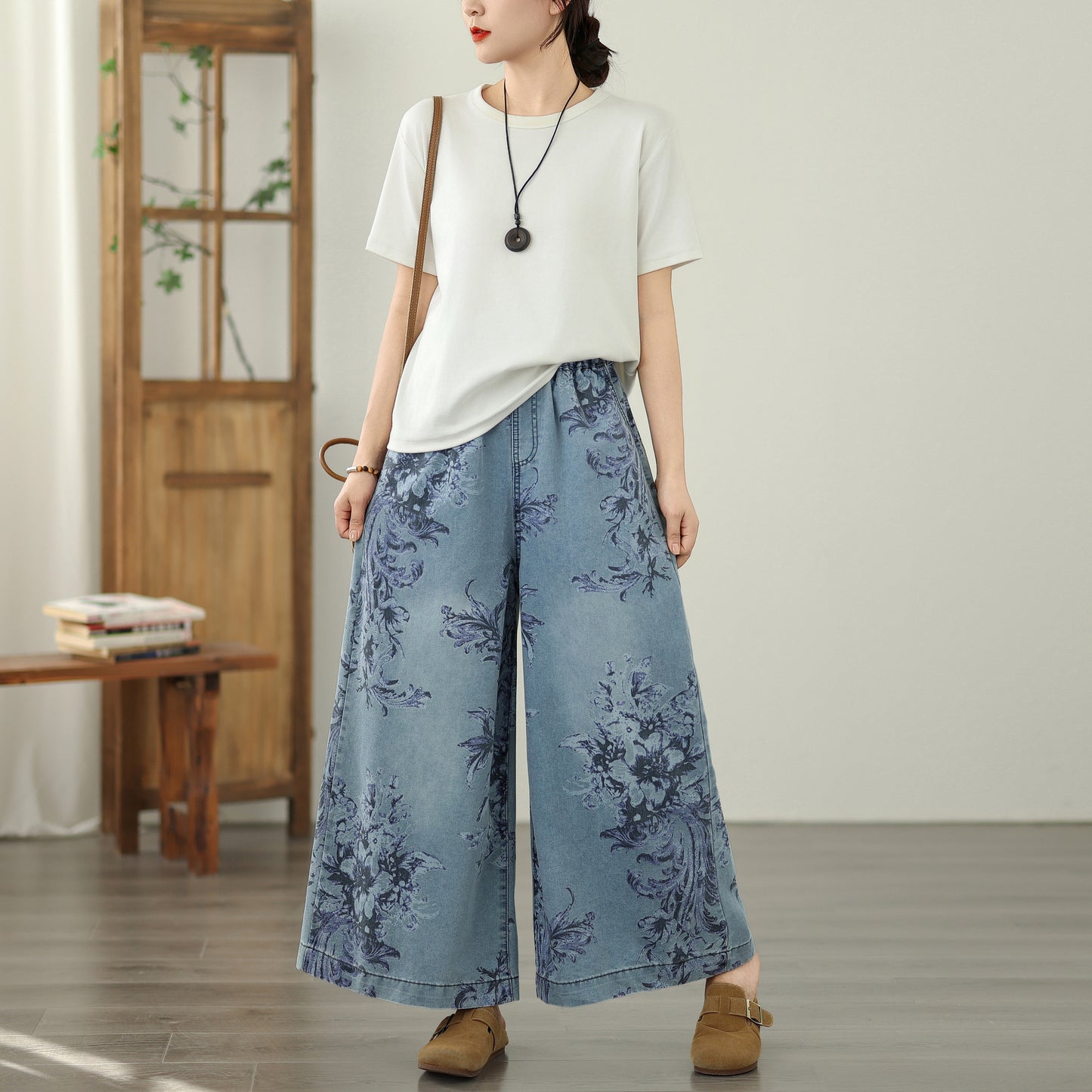 Women's Elastic Waist Wide Leg Denim Pants