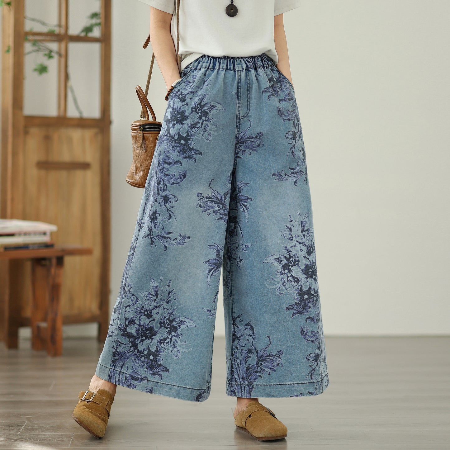 Women's Elastic Waist Wide Leg Denim Pants