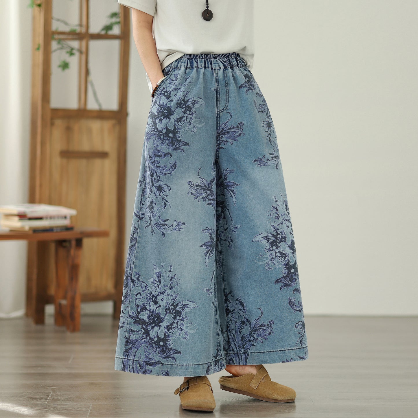 Women's Elastic Waist Wide Leg Denim Pants