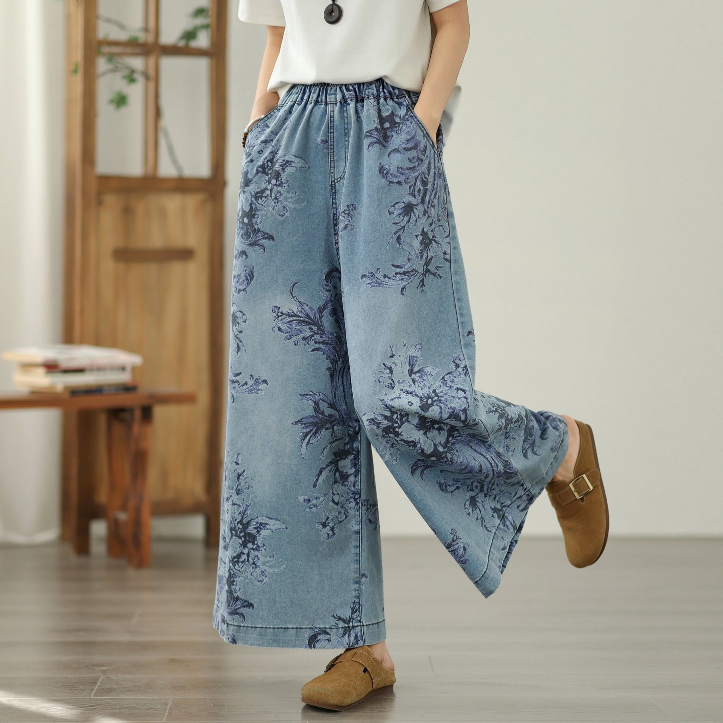 Women's Elastic Waist Wide Leg Denim Pants