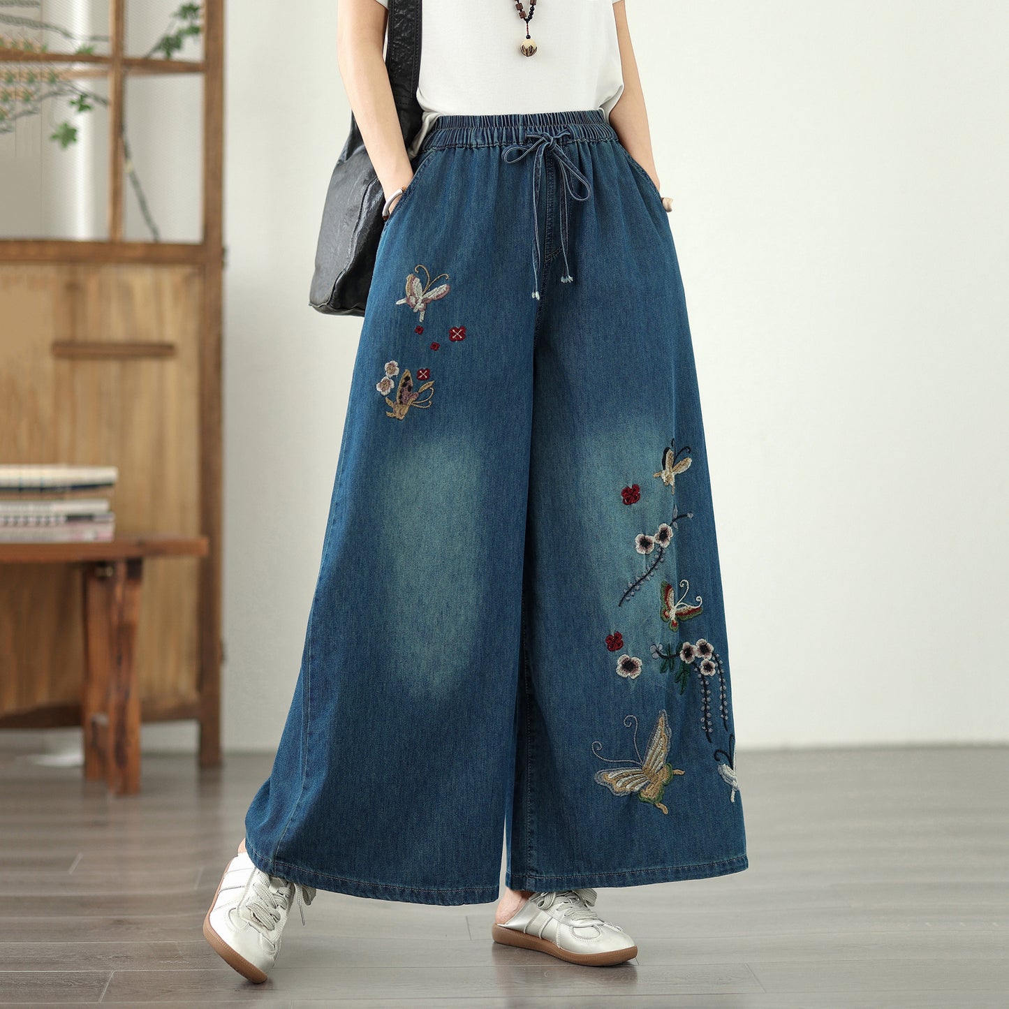 Women's Embroidery Wide Leg Denim Pants