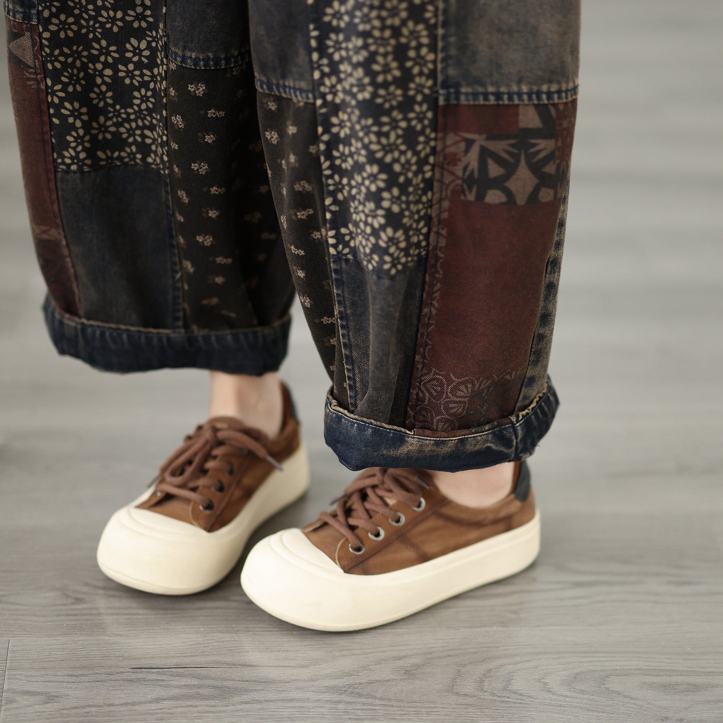 Women’s Relaxed Tapered Denim Pants – Elastic Waist, Patchwork Print