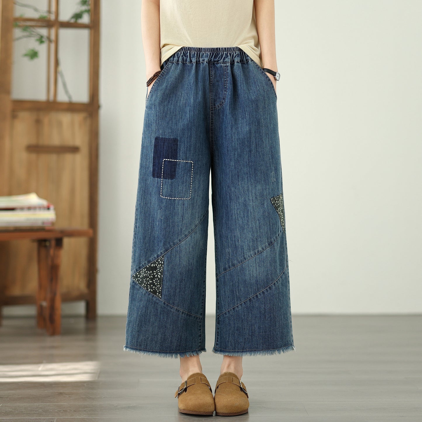 Women's Wide Leg Denim Pants Fringe Jeans