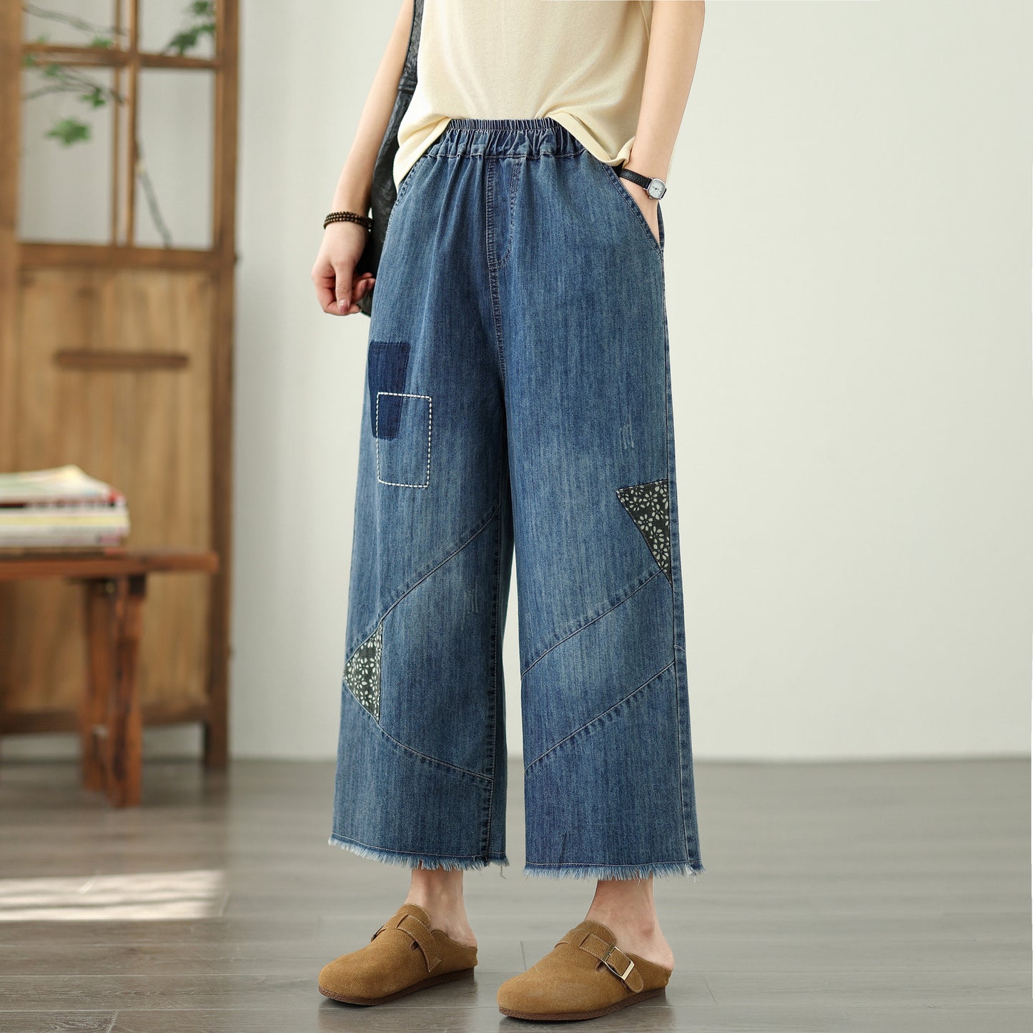 Women's Wide Leg Denim Pants Fringe Jeans